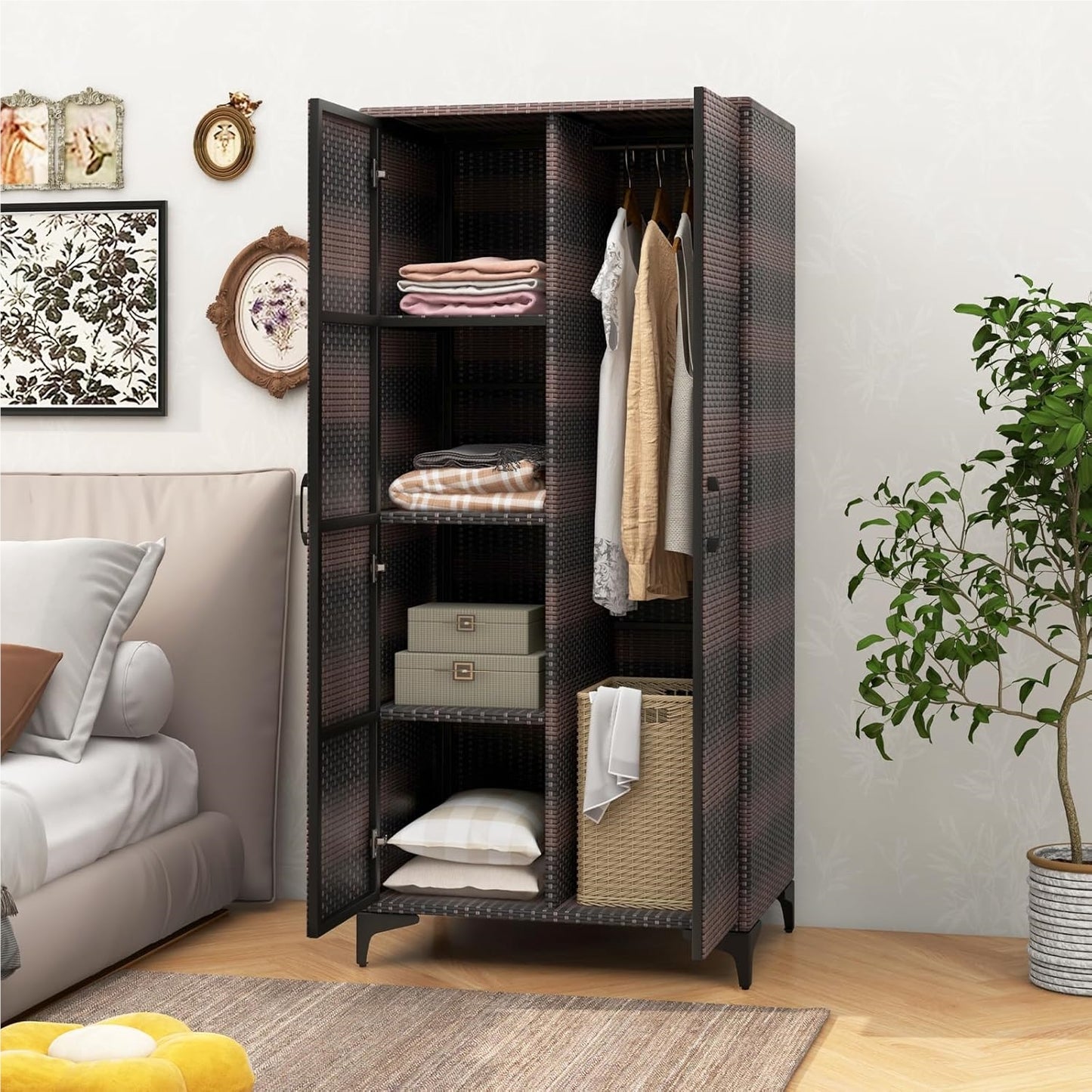 Tuinkast – Opbergkast – Tuinkist – Buitenkast – Bergkast – Rattan Tuinkast – Weerbestendig – Met Kledingroede 72x50x157 cm Bruin