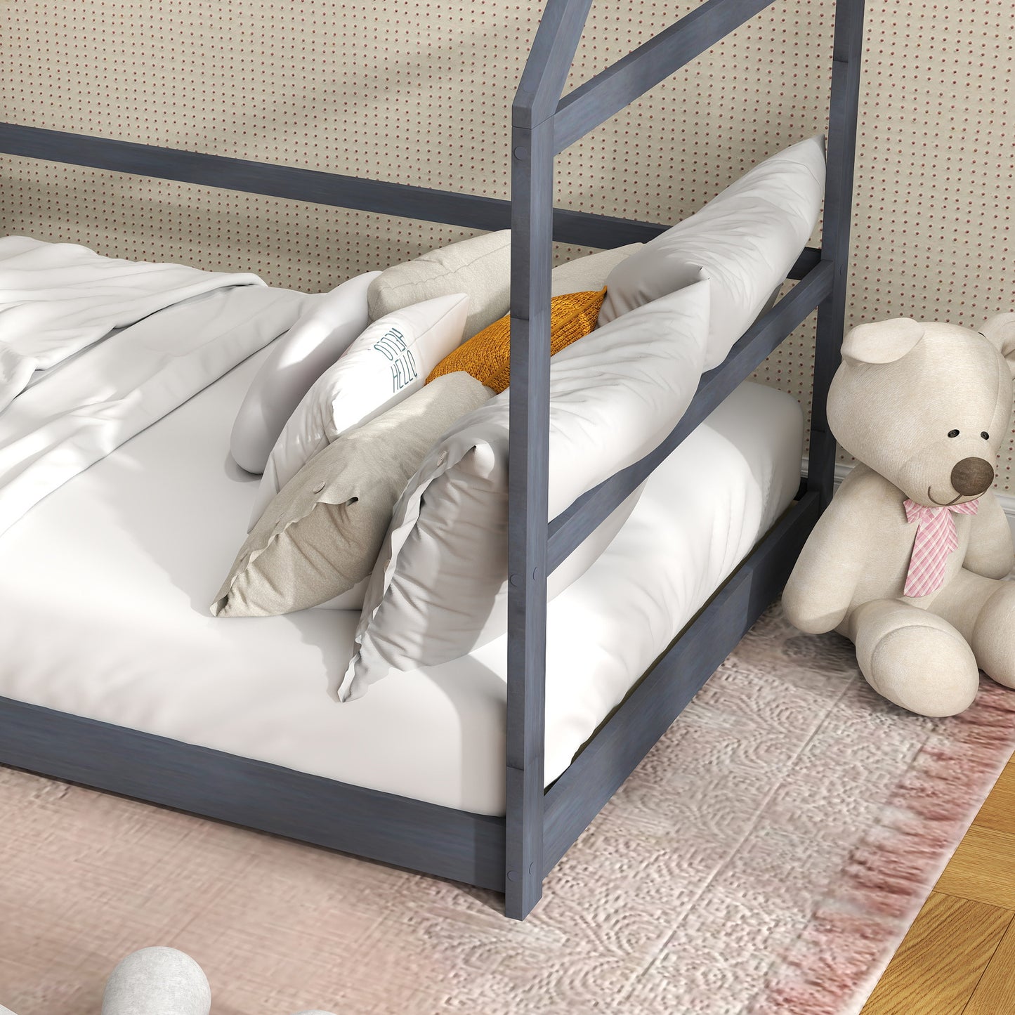 AIYAPLAY Children'S Cabin Bed 90X190 Cm Children'S Bed Children'S House in Wood with Anti-Fall Protection, Slatted Base And Roof Included, Dim. 196L X 97.5L X 135H Cm Grey