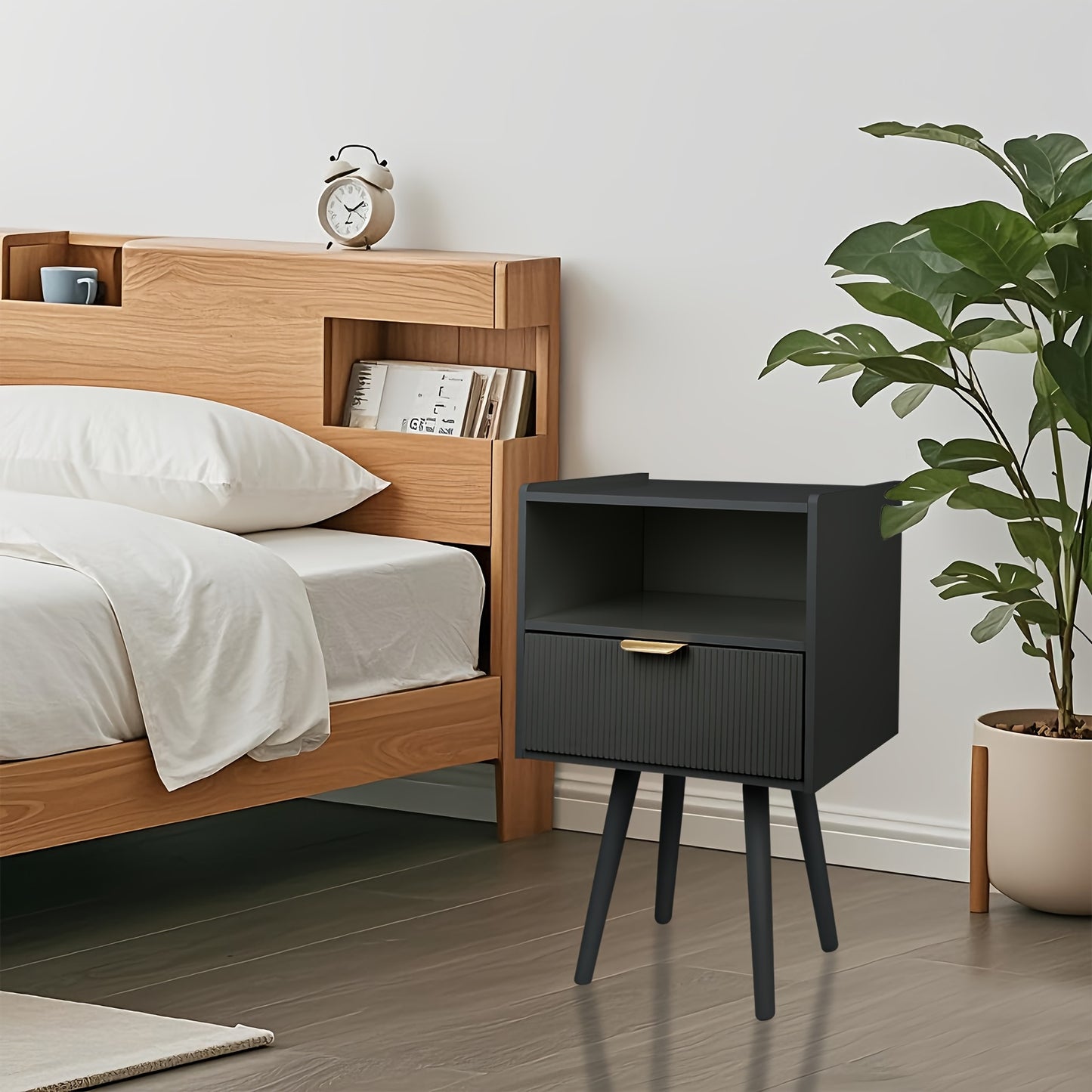 Nachtkastje – Bedside Table – Bijzettafel – Slaapkamerkastje – Opbergkastje – Compact 42x30x65 cm – MDF Met Houten Poten