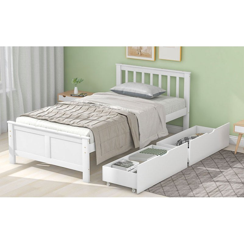 Eenpersoonsbed – Eenpersoonsbedden – Jeugdbed – Volwassenenbed – Bed met Opbergladen – Grenenhouten Frame – Geschikt voor Matras 90x200 cm