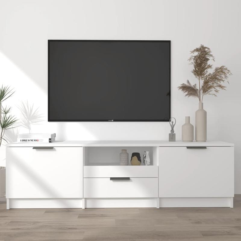 Houten Tv-Meubel – Tv-Meubelkast – Tv-Stand – Mediamöbel – Tv-Meubel Wit – Massief Hout – 140x35x40 cm – Praktische Opbergruimte