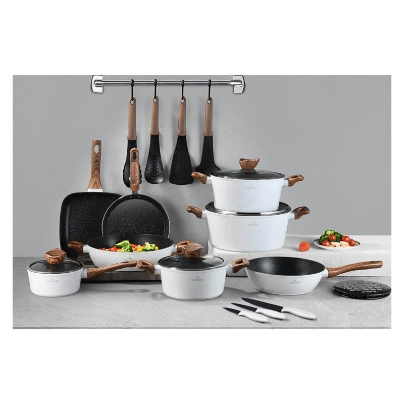 21-Delige Kookpottenset – Pannen Set – Kookpotten – Koekenpan – Inductiegeschikt – Wit – Aluminium Gietwerk – Keramische Anti-aanbaklaag