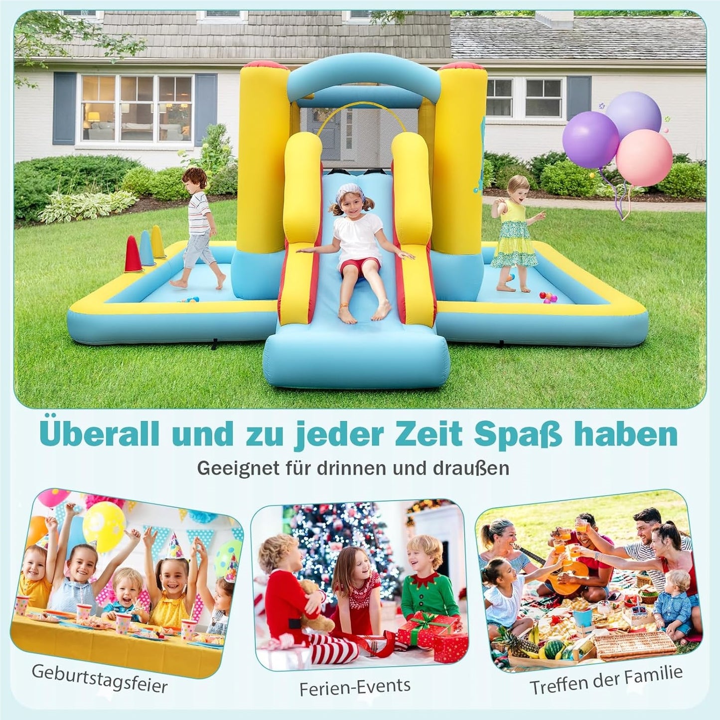 Springkussen – Springkasteel – Luchtkussen – Speeltoestel – Jump-O-Lene – Met Glijbaan & Tunnel – Inclusief Basketbalring & Ringwerpspel – Groot 394x389x194 cm – Duurzaam Oxford Polyester
