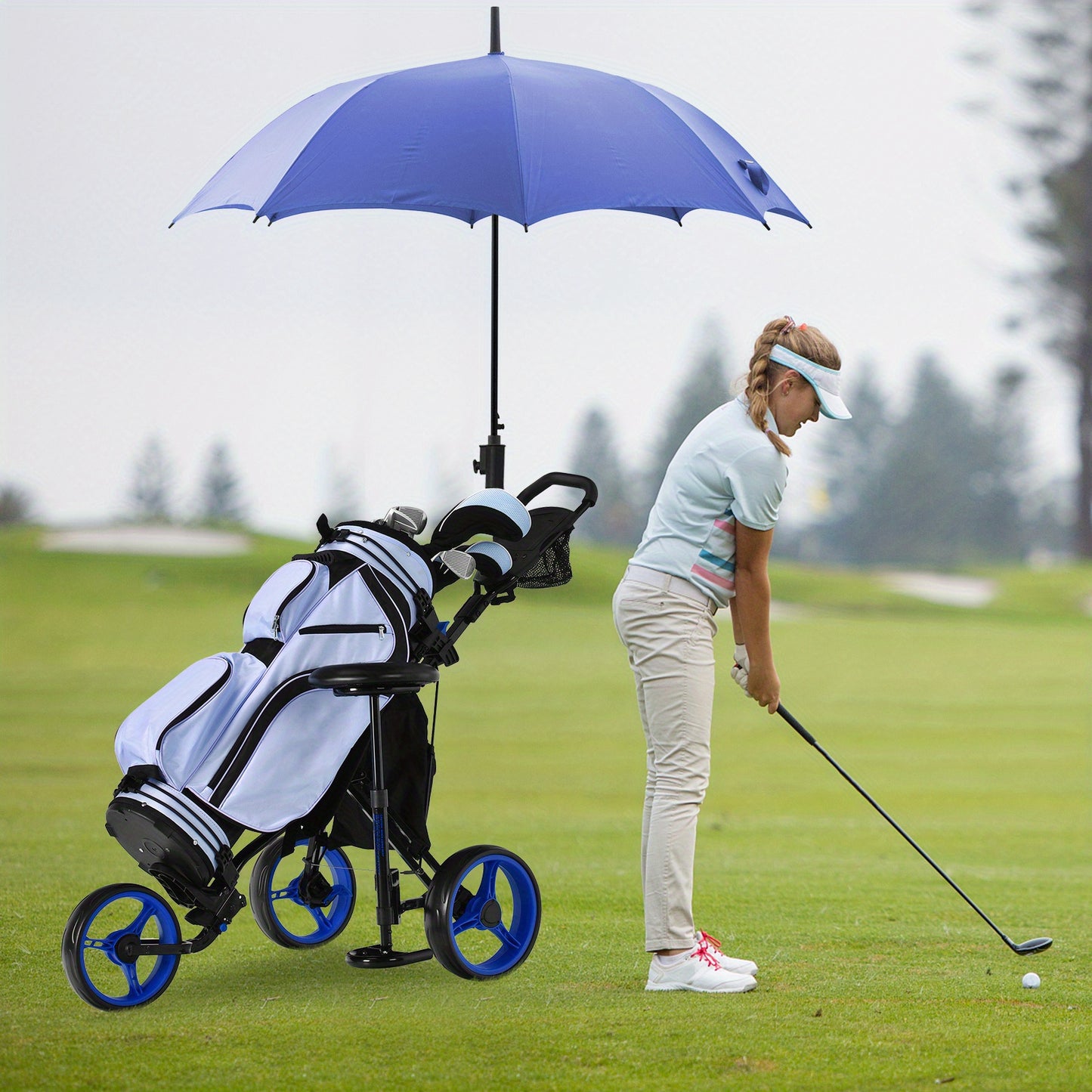 Golf Trolley – Golfkar – Golfwagen – Golfbuggy – Golfkarretje – Lichtgewicht 3-Wieler – Verstelbaar Zitje en Handvat – Duurzaam PP Materiaal – Inclusief Parapluhouder en Voetrem – Zwart