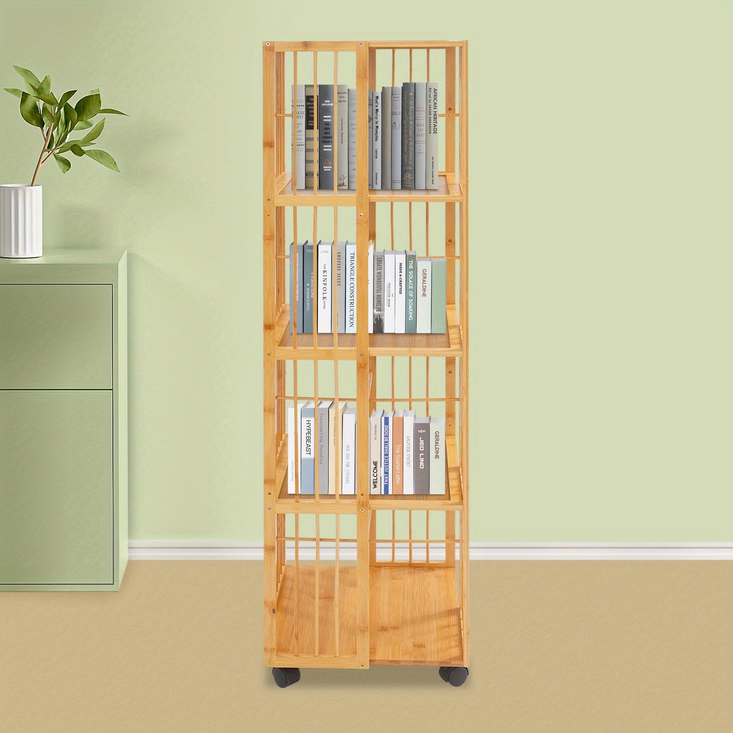 Boekenrek – Boekenkast – Boekenplank – Opbergkast – Vakkenkast – 5 Lagen – Bamboe – Mobiel met Remmen – 132x37x37 cm – Max. 100 kg – Natuurlijk Hout