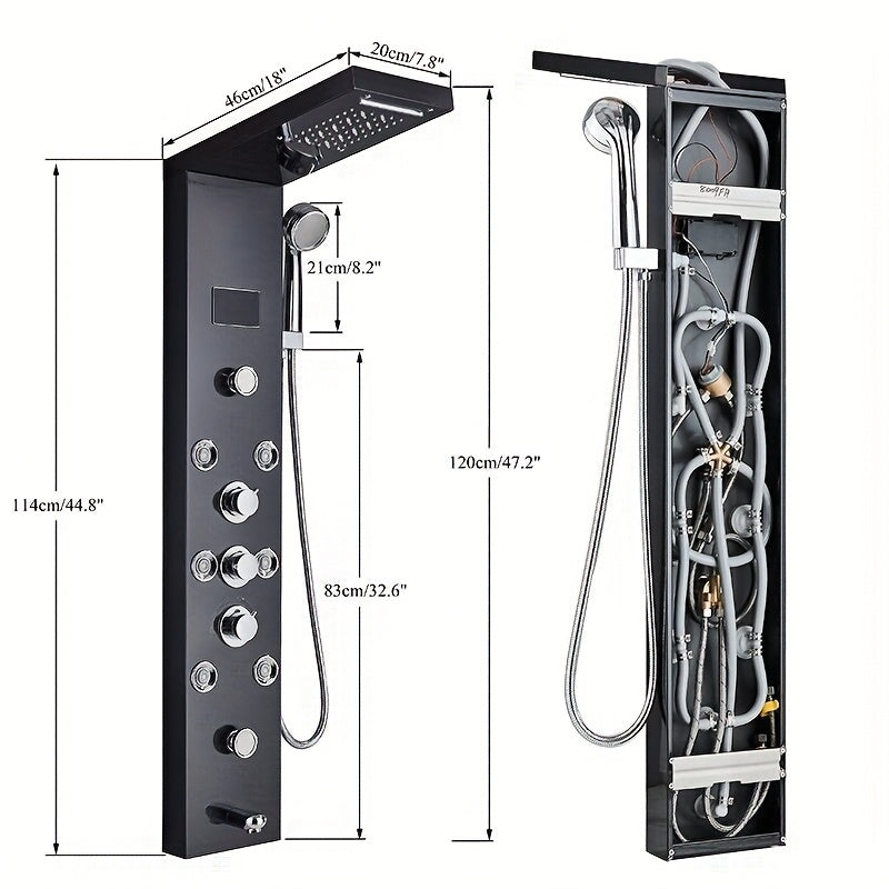 6-in-1 Douchepaneel – Douche Systeem – Regendouche – Massagedouche – Handdouche – Mat Zwart – RVS Staal – LCD Temperatuur Display – Waterval & 8-Standen Massage