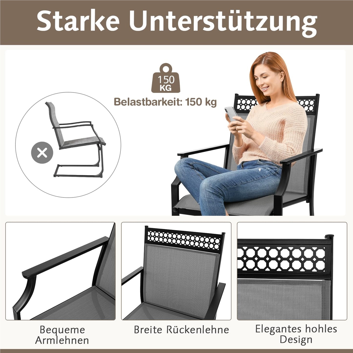 Tuinstoelen – Terrasstoelen – Balkonstoelen – Outdoor Stoelen – Tuinstoelen Set 2 – Brede Zitting – Snel Droogend Stof – Grijs