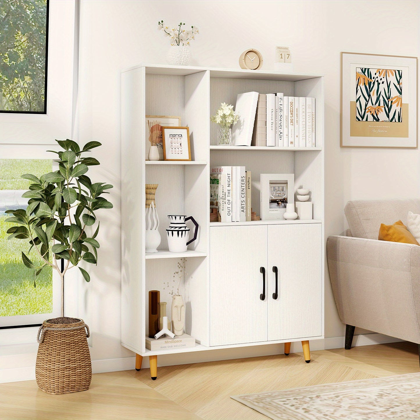 Vrijstaande Opbergkast – Kledingkast – Boekenkast – Schoenenkast – Opbergmeubel – Wit MDF Hout – 80x23,5x119 cm – Open Planken Met Deurtjes
