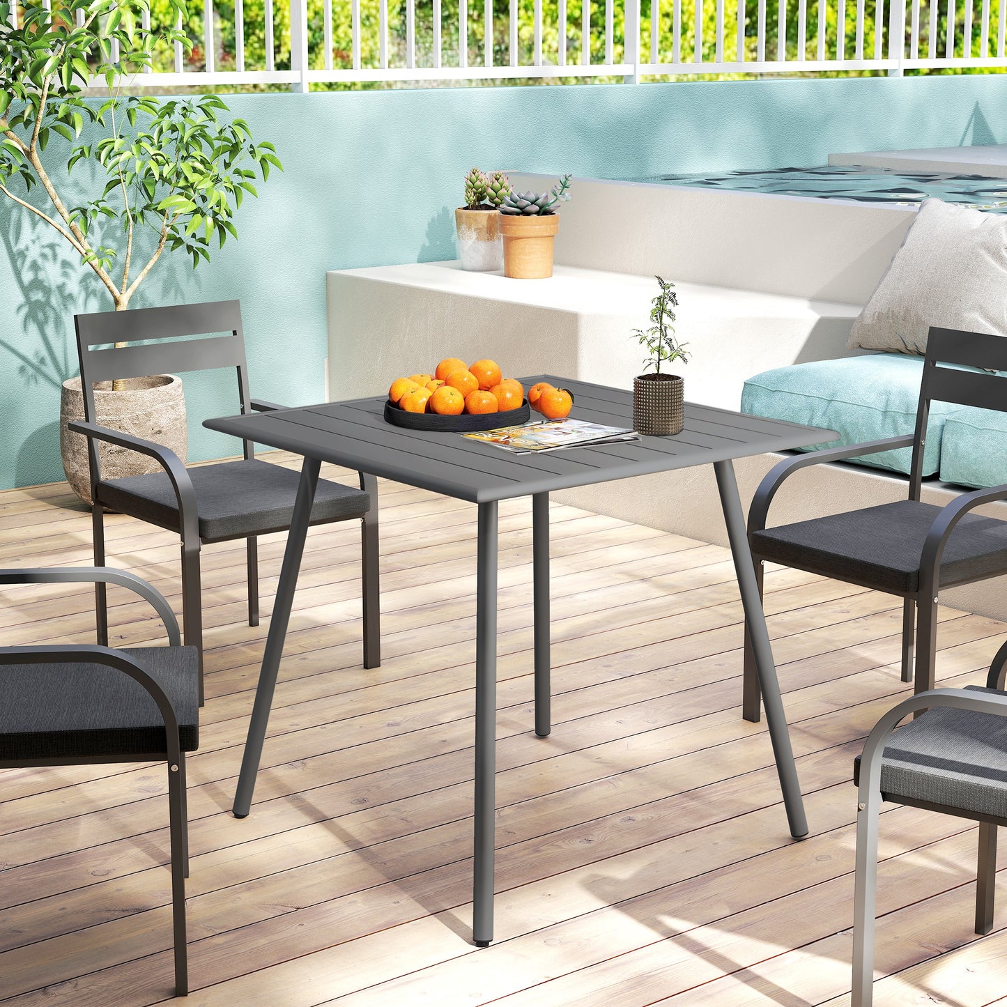 Tuinset Tuintafel Buitenmeubel Balkontafel Terrastafel – 4 Personen – Staal Frame – Weerbestendig & Eenvoudig Schoon Te Maken – 80x80x74 cm – Grijs