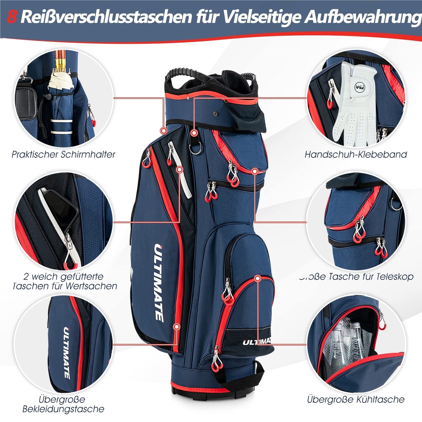Golfbag – Golftas – Golfcarttas – Standbag – Golfreistas – Lichtgewicht Nylon – 14 Clubs Compartiment – Waterafstotende Regenhoes – 7 Zakken Met Ritssluiting