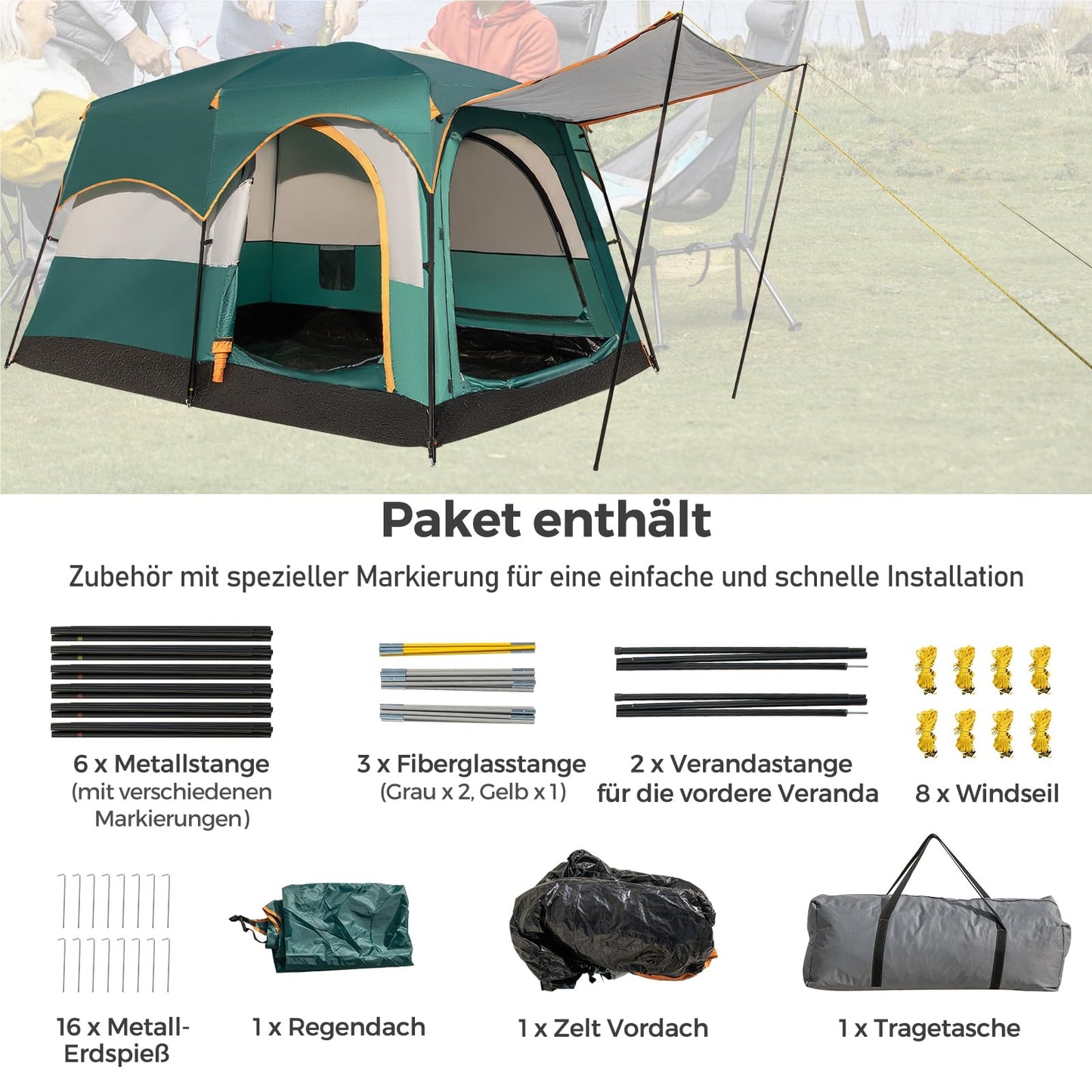 Kampeertent – Familietent – Tunnel Tent – Grote Tent – 2-Kamer Tent – Waterdicht Oxford Polyester – Ruime Voortent Met Zonnescherm – Voor 4-6 Personen – Groen