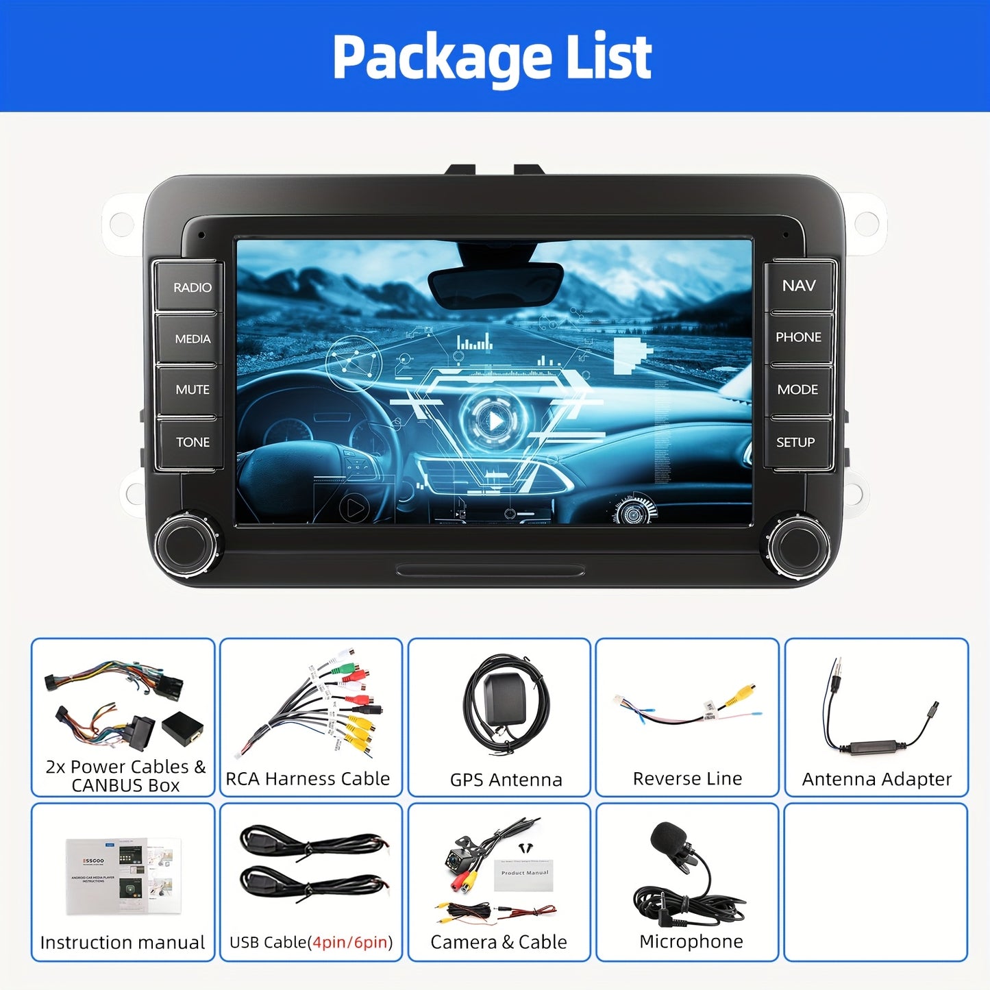 Android 15 Autostereo – Multimedia Systeem – Autoradio – Navigatie – Touchscreen Radio – 7 Inch HD IPS Scherm – 4GB RAM + 64GB Opslag – Draadloze Android Auto en CarPlay – Stuurwielbediening Compatible VW/Seat/Skoda