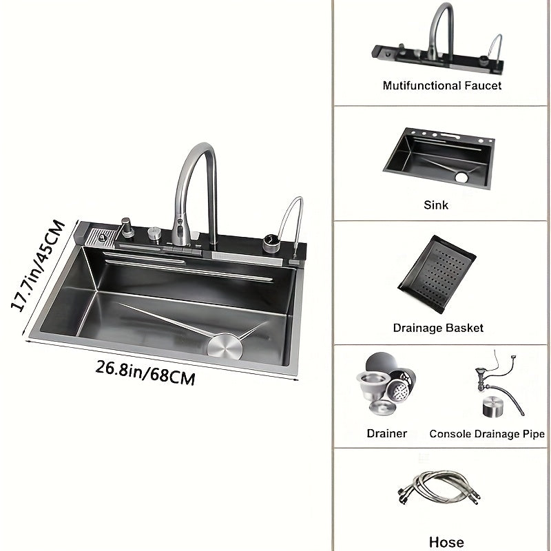 Spoelbak – Keukenspoelbak – RVS Spoelbak – Eén Kom Spoelbak – Rechthoekige Spoelbak – Gunmetal Grey – Roestvrij Staal – Honeycomb Nano Coating – Inclusief Chroomkleurige Kraan en Accessoires