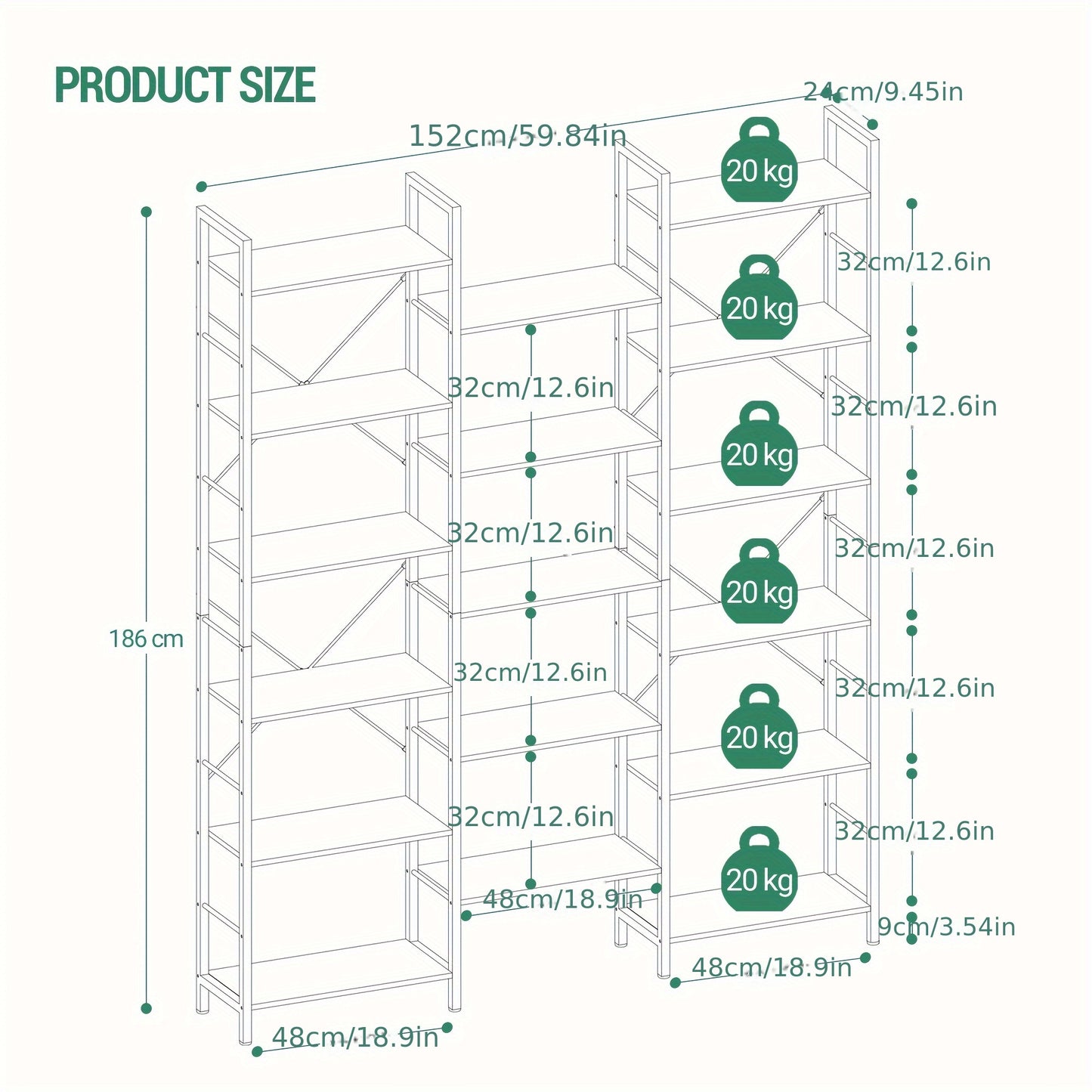 Boekenkast – Boekplank – Opbergkast – Woonkamerkast – Vakkenkast – 17 Verstelbare Planken – Stevig Staal & Spaanplaat – Zwart 24x152x186 cm