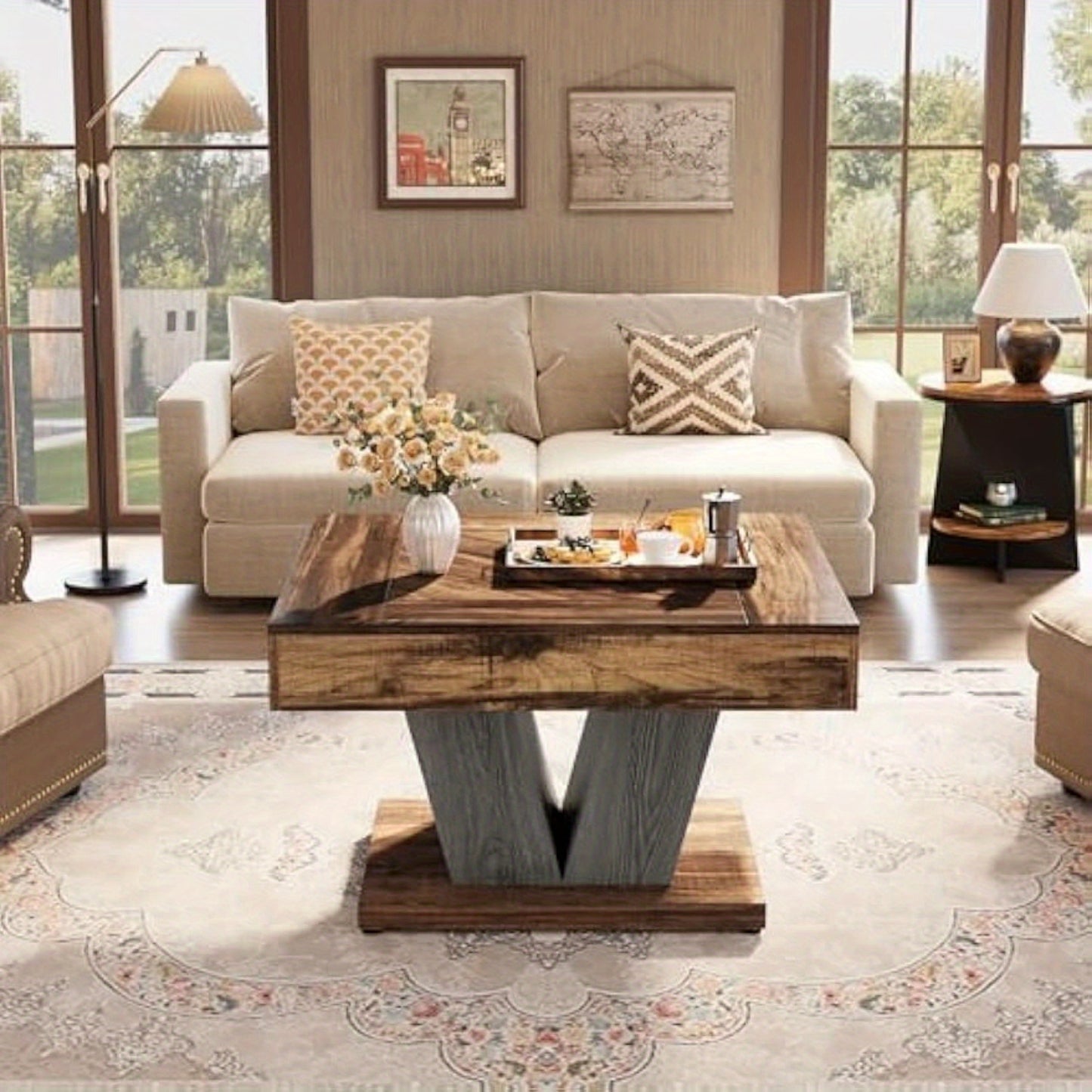 80.01cm Rustic Brown & Black Square Coffee Table - Modern Wooden Centerpiece for Living Room, Sturdy MDF Construction with Smooth Surface, Geometric Base, Perfect for Cocktails, Tea, or Accent Decor, Tea Table | Rustic Modern