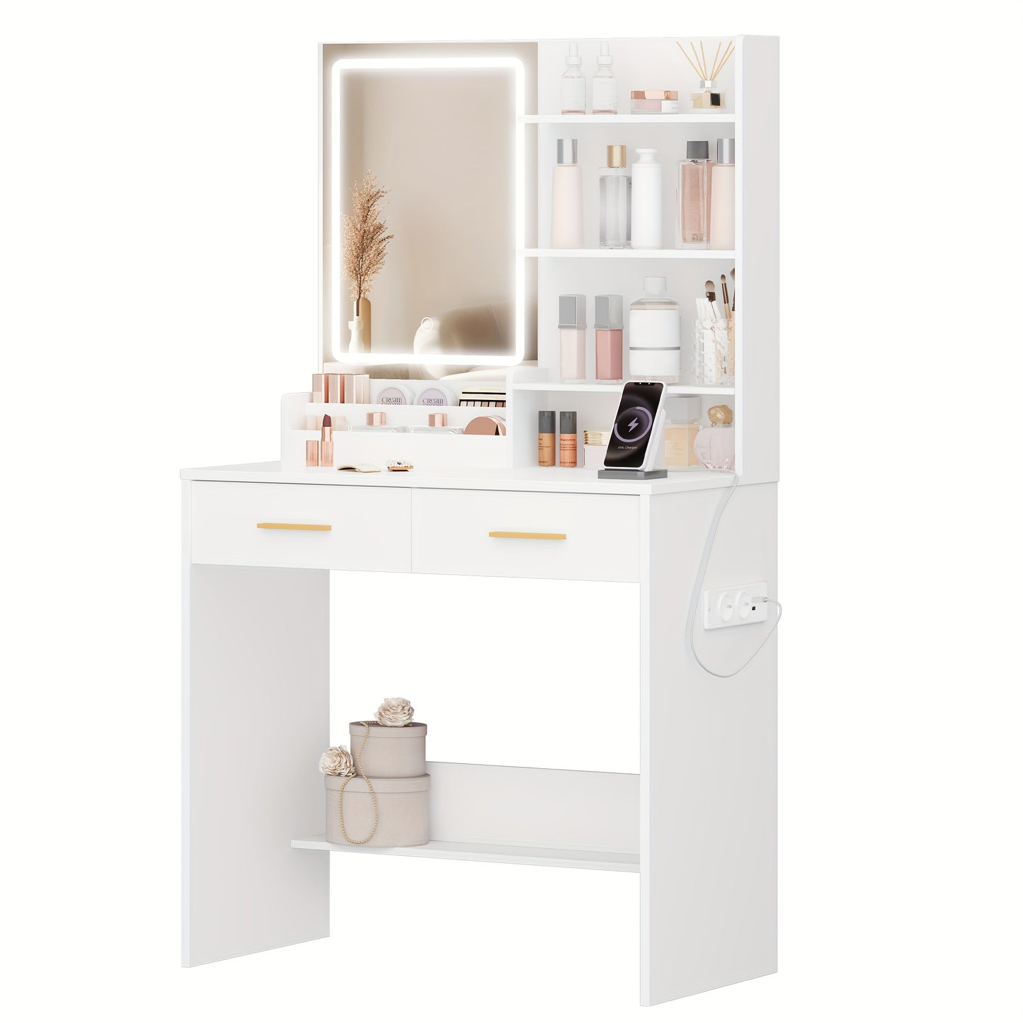 Makeuptafel – Kaptafel – Vanity – Schminktisch – Dressing Table – Met LED-verlichting – 2 Stopcontacten en 2 USB-poorten – 2 Lades en 4 Open Planken – Wit
