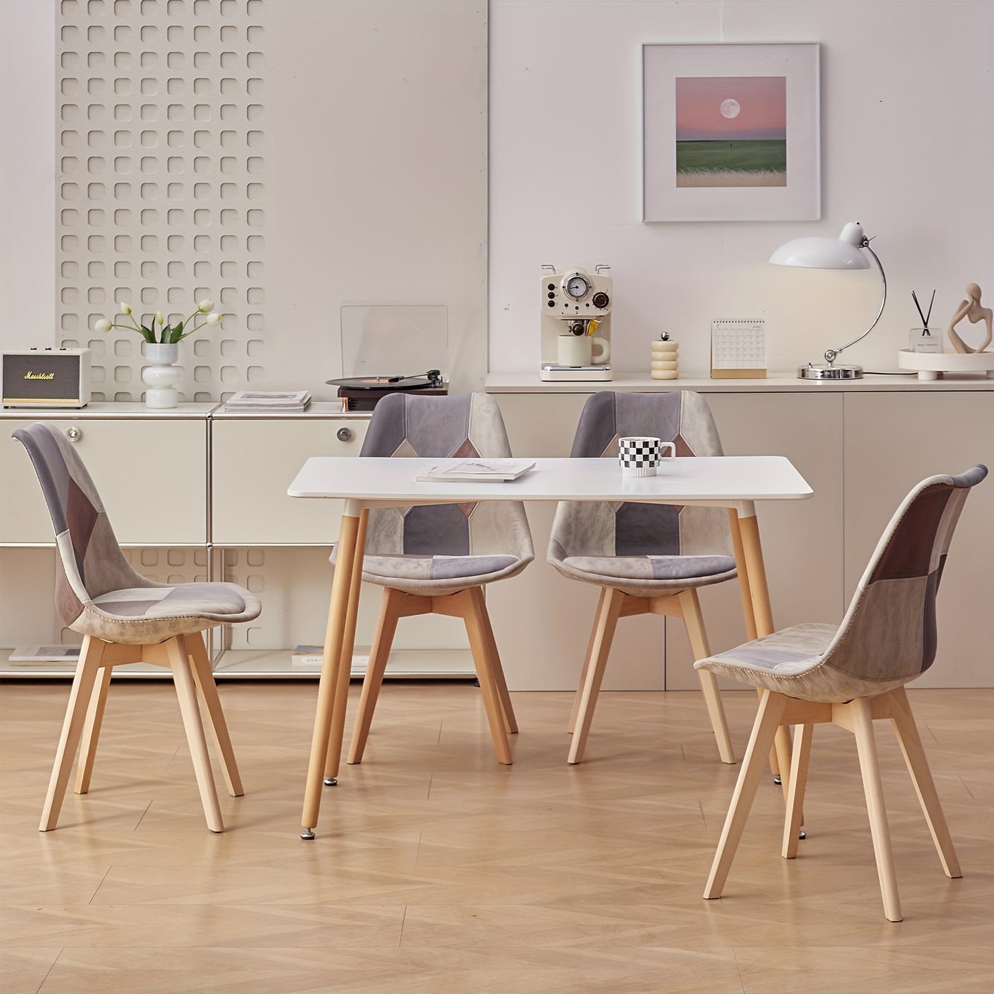 Scandinavische Stoelen – Eetkamer Stoelen – Bureaustoelen – Patchwork Stoelen – Set Van 4 – Ergonomisch Zitcomfort – Beukenhouten Frame Bruin