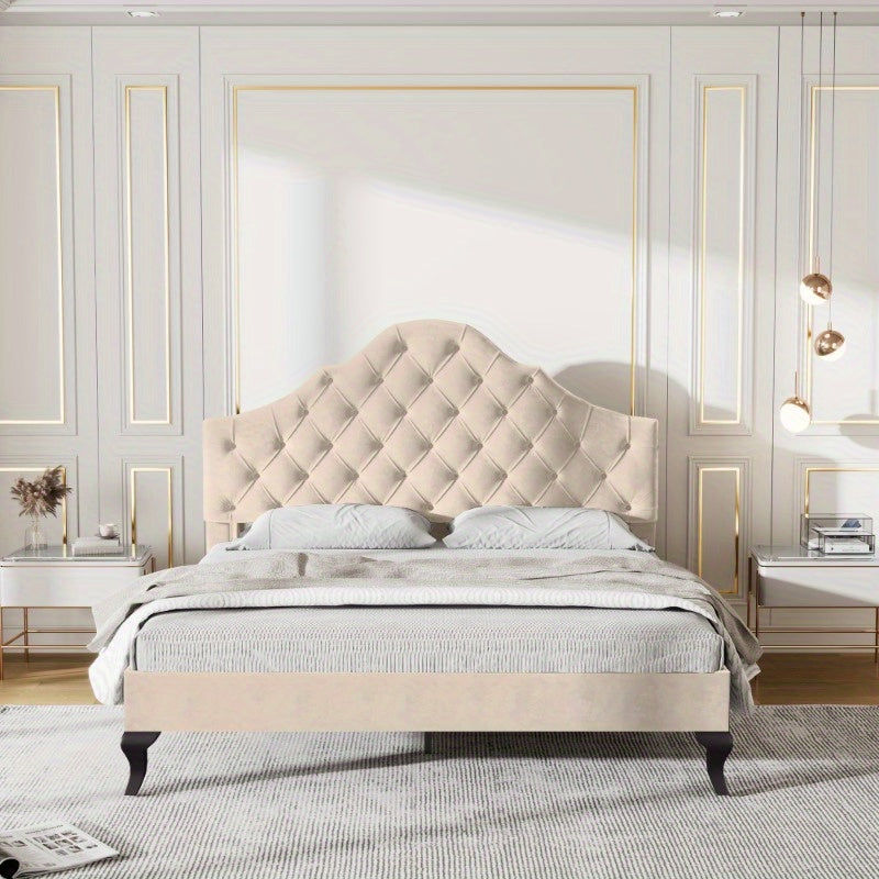 Gestoffeerd Bedframe – Bedombouw – Bedframe – Slaapbed – Bed – 140x190 cm – Verstelbare Hoofdsteun – Houten Lattenbodem – Beige Velours