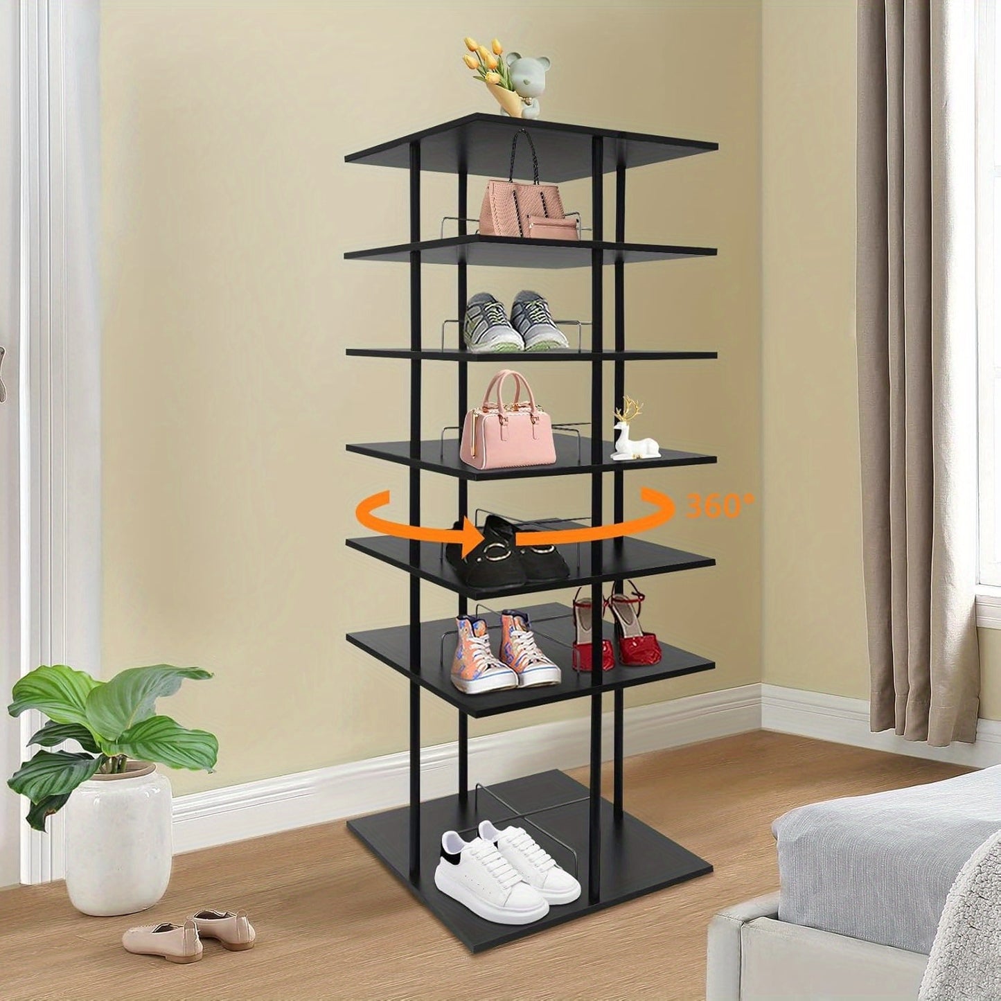 Draaibaar Schoenenrek – Schoenenkast Toren – Schoenendisplay – Schoenopberger – Schoenenrek 4-Lagen – 360° Draaibaar Design – Stevig Metaal Zwart