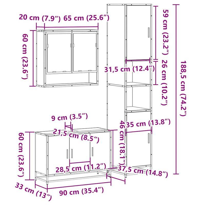 Badkamermeubelset – Badkamerkast – Wastafelmeubel – Opbergmeubel – Badkamermeubel – 3-delig – Sonoma Eikenhout – Duurzaam & Vochtbestendig