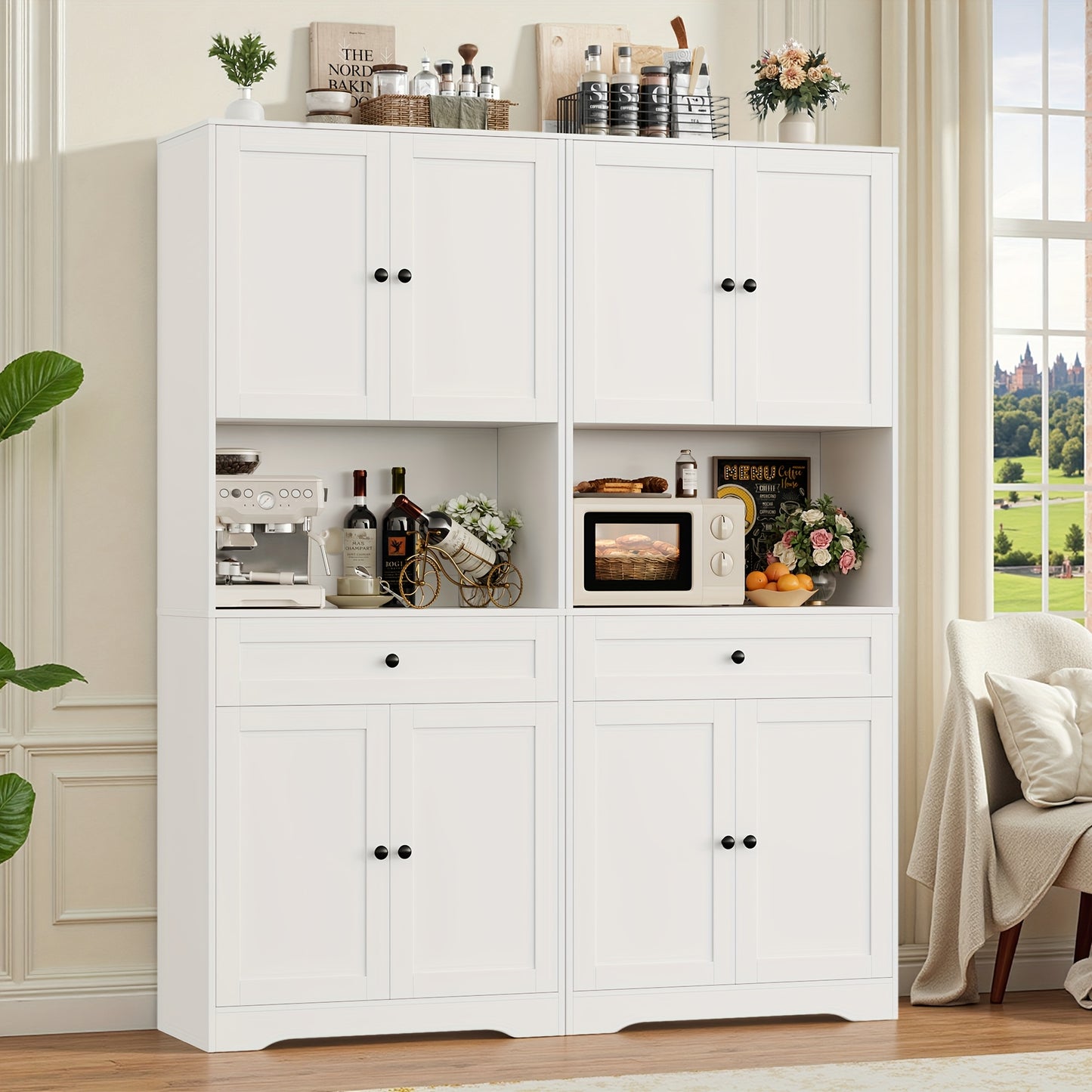 Opbergkast – Keukenkast – Buffetkast – Wijnkast – Kast Wit – MDF Materiaal – Compact 69 cm Hoog – Vrijstaand Met Glazen Deuren