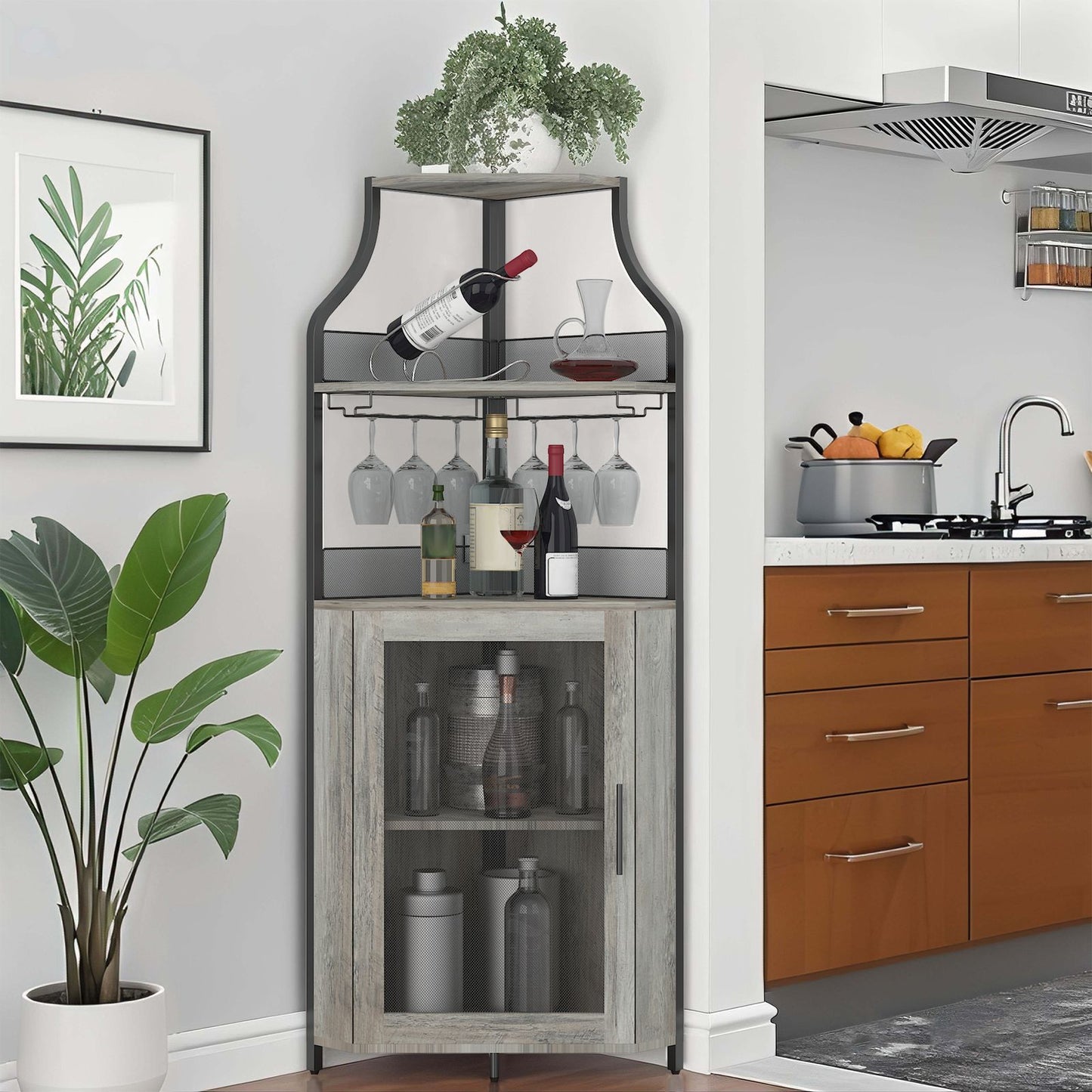 Modern Wine & Liquor Corner Bar Cabinet with Glass Rack - -Standing Storage Cabinet Suitable for Living Room, Dining Room - Wine Shelf with Mesh Door & Assembly Required