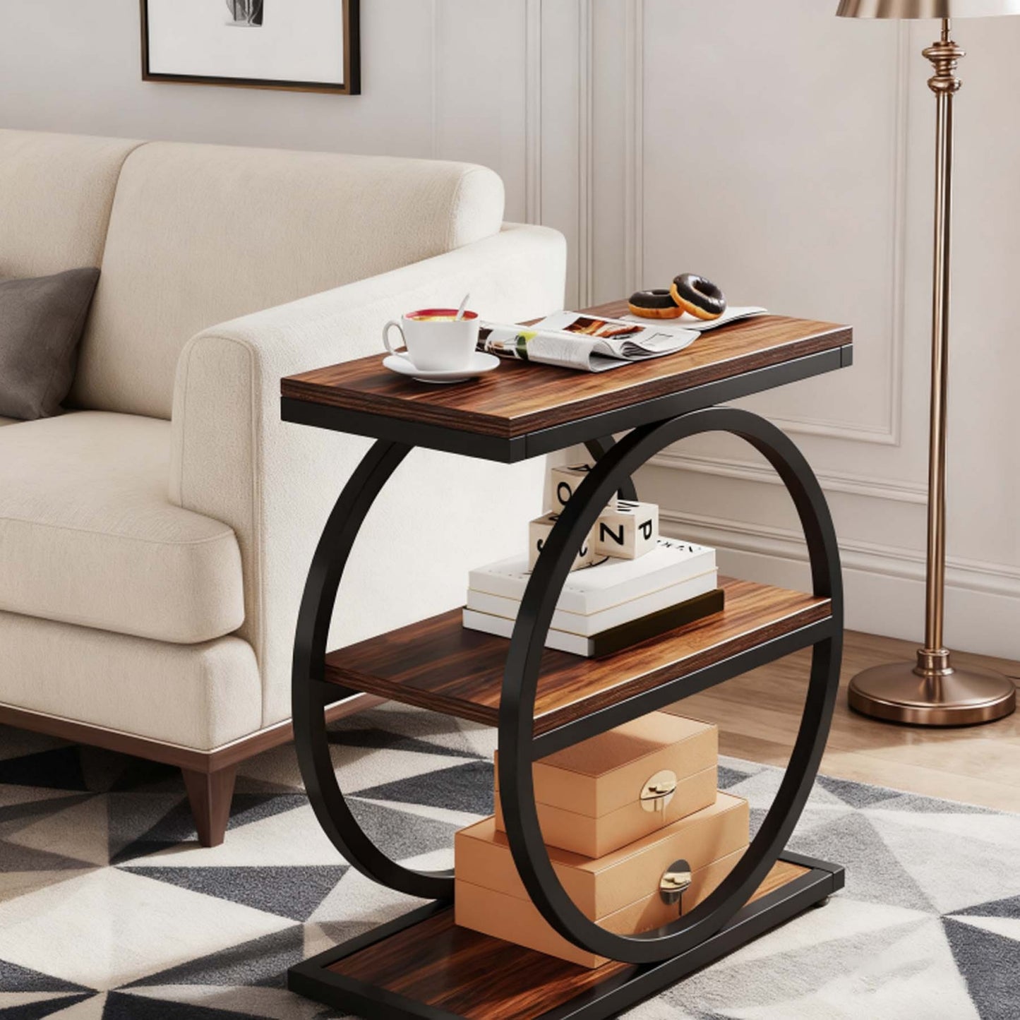 Wood Side Table with Black Metal Frames, Narrow End Table with 3 Storage Shelves, Industrial Small Sofa Side Table for Living Room, Slim Nightstand and Bedside Table for Reception Room, Christmas Holiday Decor, Versatile Acce