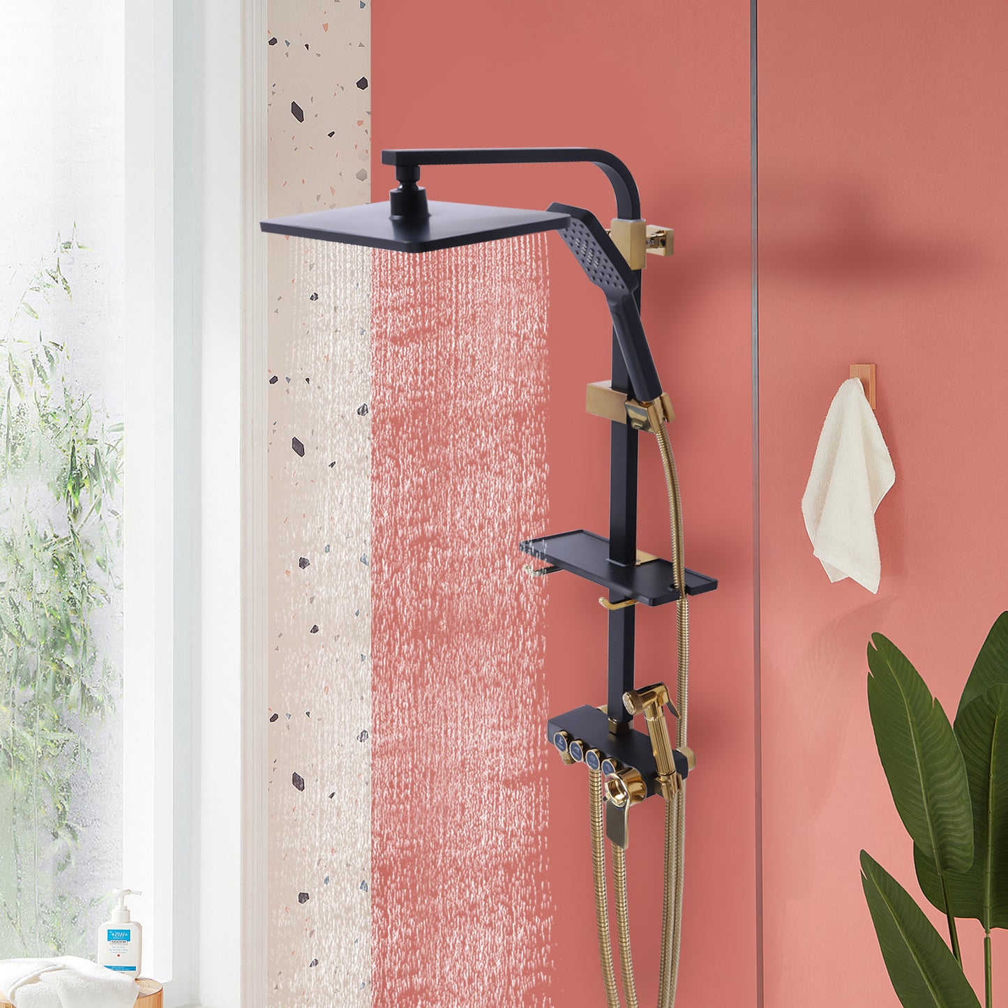Thermostat Shower System with Lift - Wall-Mounted Thermostatic Shower Suitable for, Rainfall Shower & Handheld Shower, Heavy-Duty Copper & ABS, Temperature, Modern Bath Shower Set (Contemporary Style)