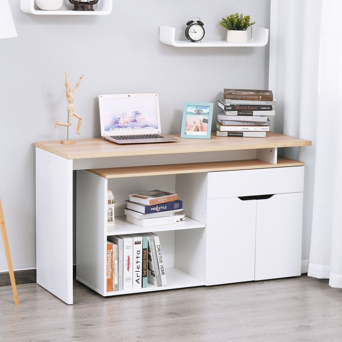 Hoekbureau – Computerbureau – Bureau – Werkplek – Bureautafel – Modulair Design – Met Lade en Kast – Wit Houtnerf – Eenvoudige Montage