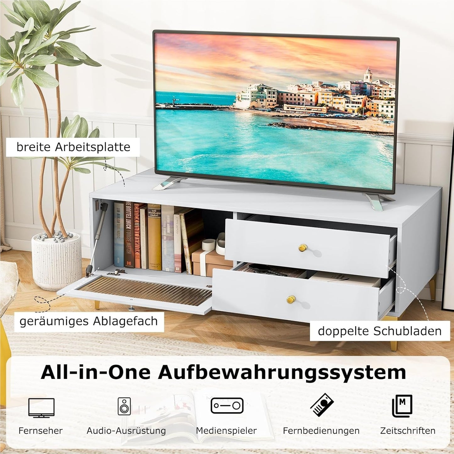 TV meubel – TV kast – TV stand – TV dressoir – Living room meubel – Voor 55 inch TV – Tempered glass vouwdeur – Metalen poten