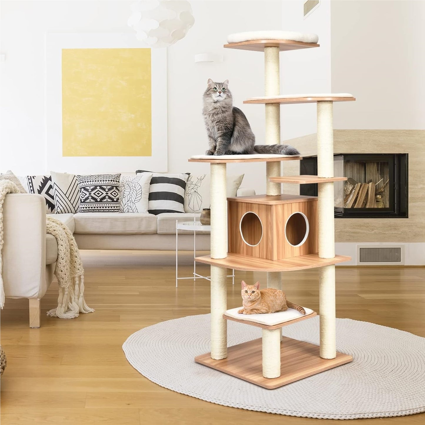 Krabpaal – Kattenboom – Kattenhuis – Krabmeubel – Kattenklimpaal – Multi-level ontwerp – Zachte pluche bekleding – 179 cm hoog – Sisal krabpalen – Beige