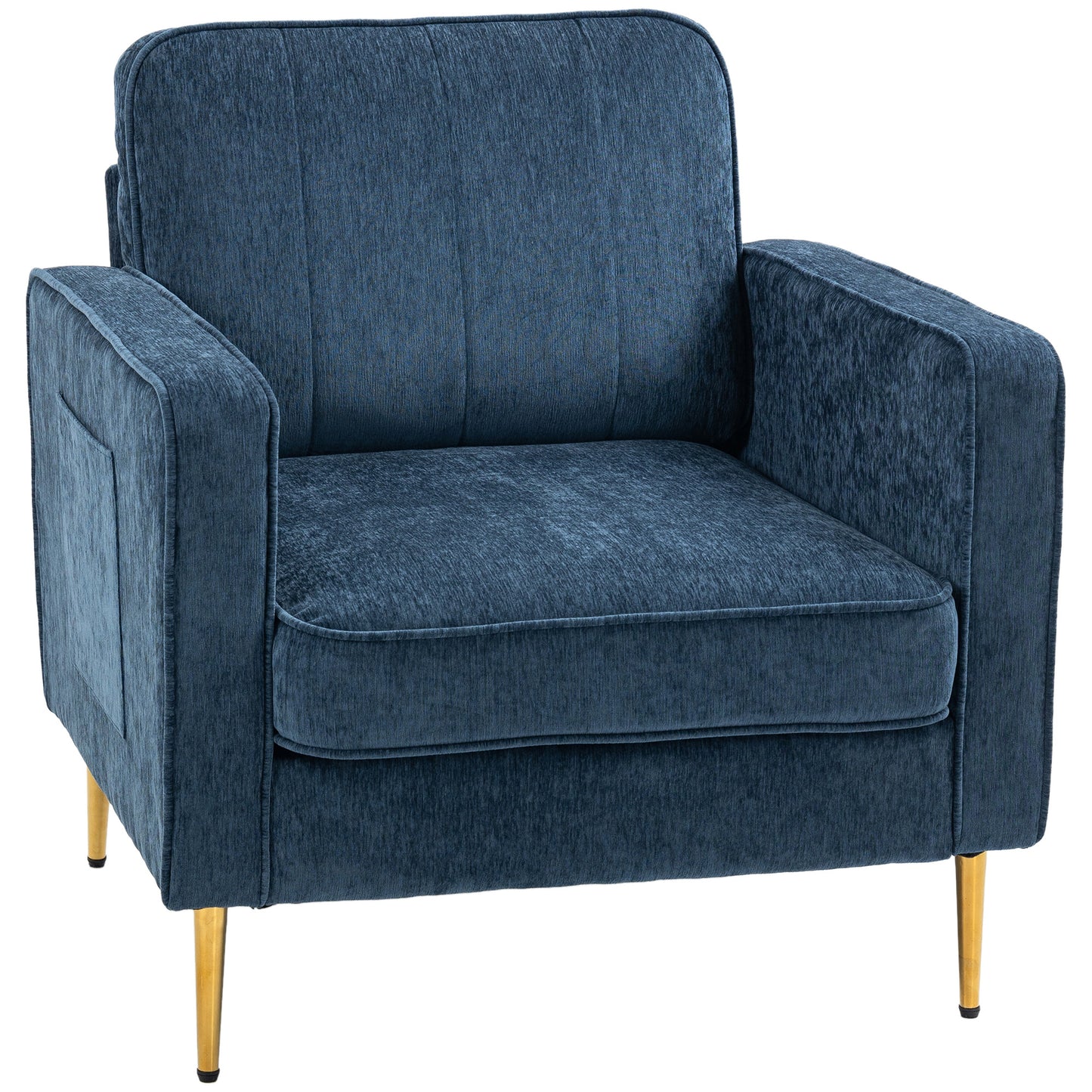 Fauteuil – Relaxstoel – Loungestoel – Zetel – Armstoel – Blauwe Stoffering – Gouden Metalen Poten – Zijzakken – Compact Design