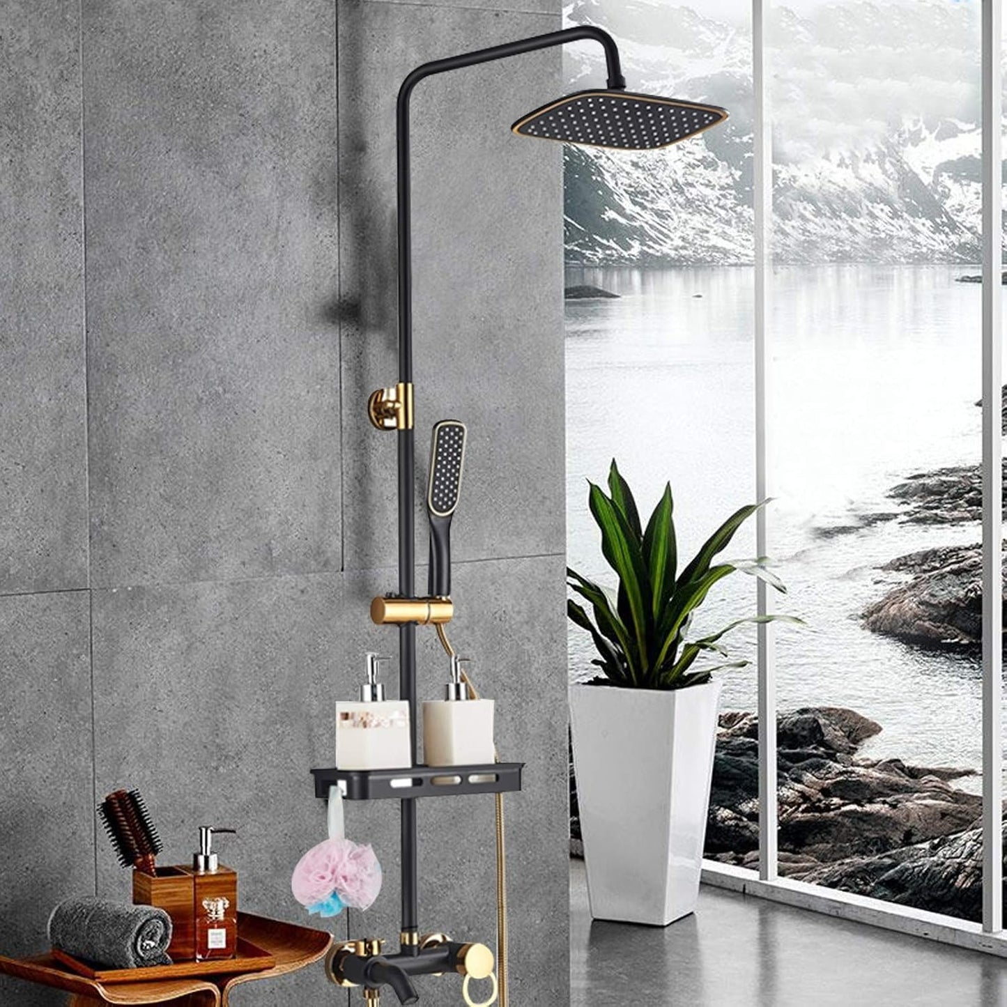 Goodslinesshop 3-Function Bathroom Shower Set Shower Arm Regenerative Shower Hand Shower Shower System Black Bathroom Water Tap Rain Shower Head Set Mounted on the Wall with Soap Holder High-Quality Black Golden