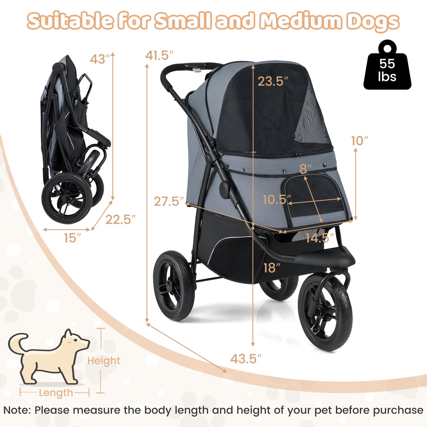 3-wiel hondenwagen – hondenbuggy – hondenkar – hondenbuggy – hondenbuggy wandelwagen – Lichtgewicht en stevig – Verstelbare zonnekap met remmen – Grijs