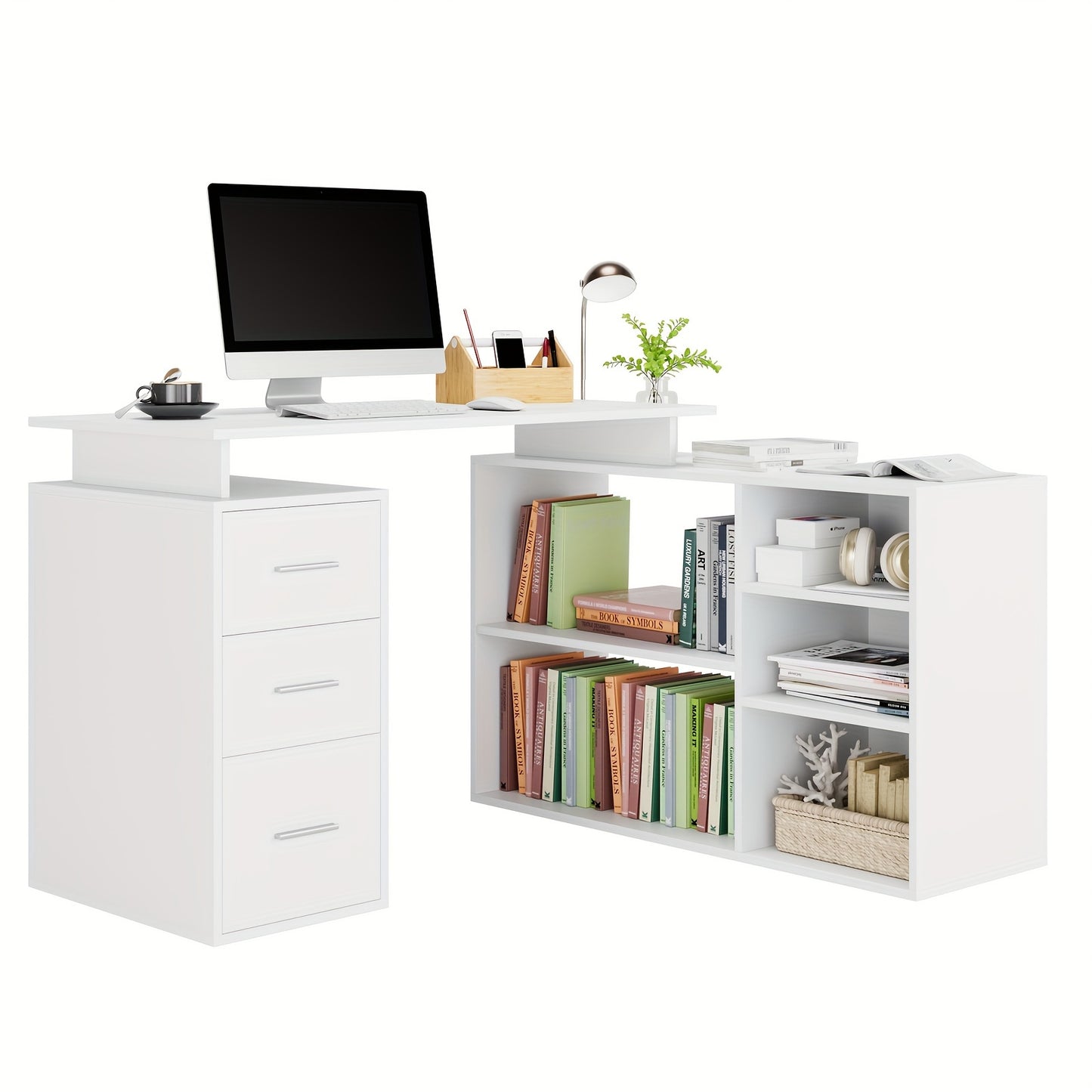 Hoekbureau – Bureau – Computertafel – L-Vormig Bureau – Schrijftafel – Wit Gelakt Hout – 3 Laden Opbergruimte – Compact Ruimtebesparend Design