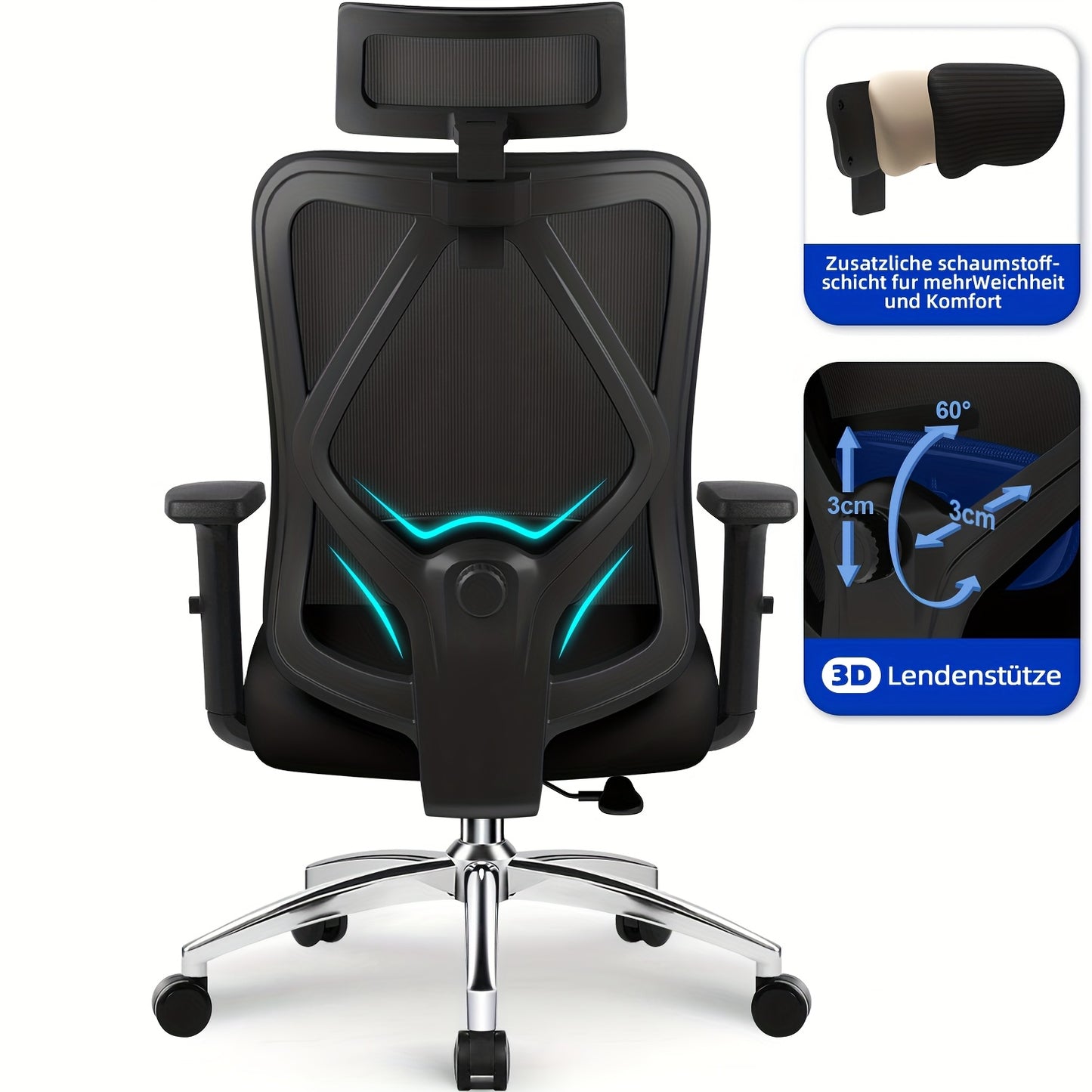 Bureaustoel – Office Chair – Gamestoel – Draaistoel – Bureaustoelen Voor Volwassenen – Ergonomisch Design – Verstelbare Lendensteun & Hoofdsteun – Roestvrij Stalen Frame – Kantelfunctie 135° – Geschikt Voor Harde Vloer