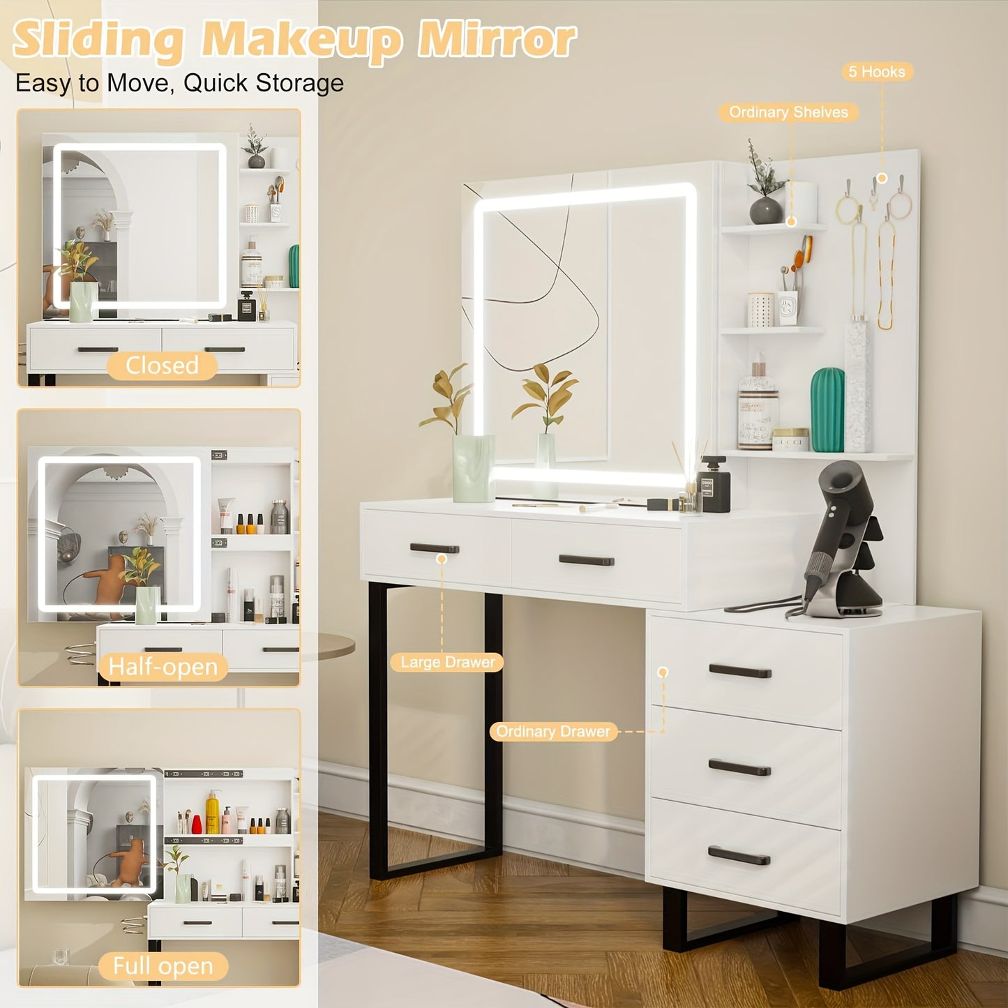 Make-up tafel – Kaptafel – Make-up bureau – Makeup organizer – Make-up kast – Wit – Schuifbare Spiegel – 5 Lades met Opbergruimte en Sieradenhaken