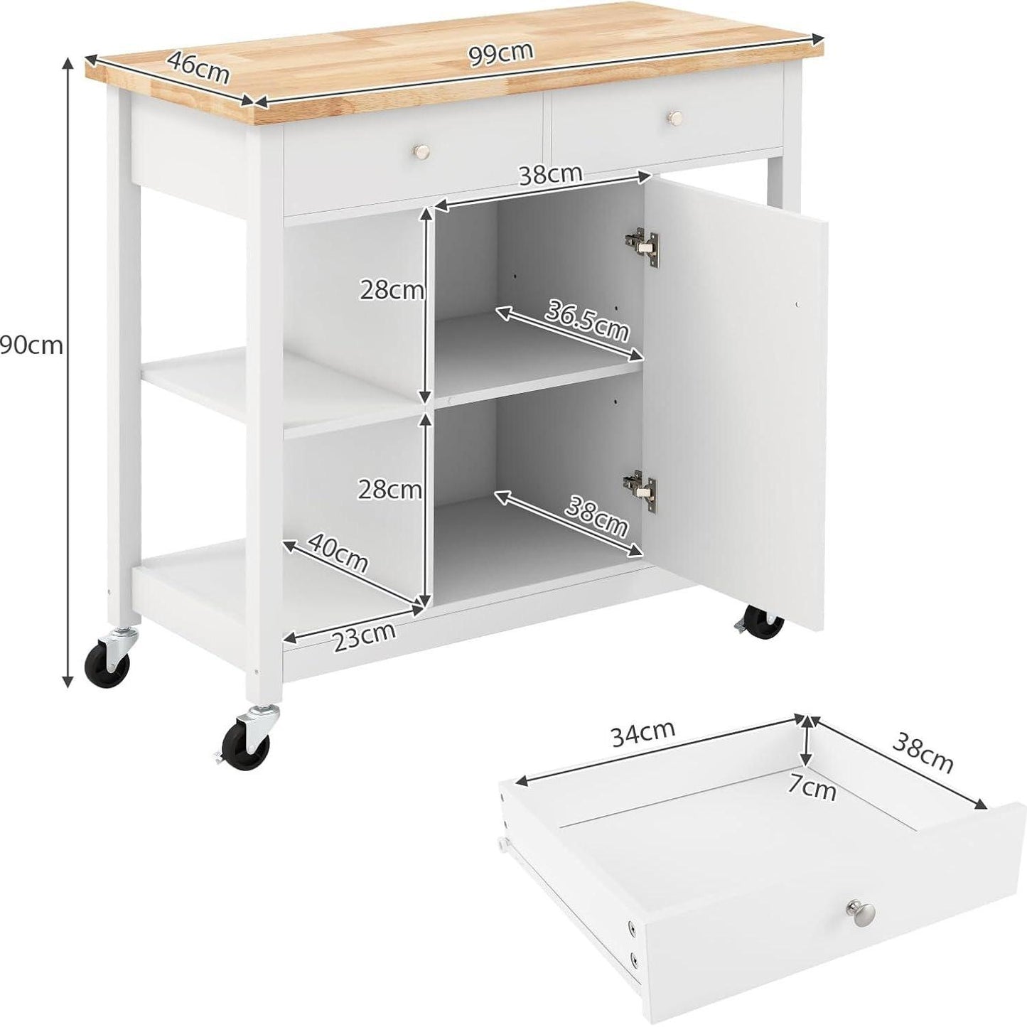 Keukenwagen – Keukentrolley – Serveerwagen – Opberkwagen – Verrijdbare Kast – Ruim Werkblad Rubberwood – 4 Zwenkwielen Met Remmen – Wit
