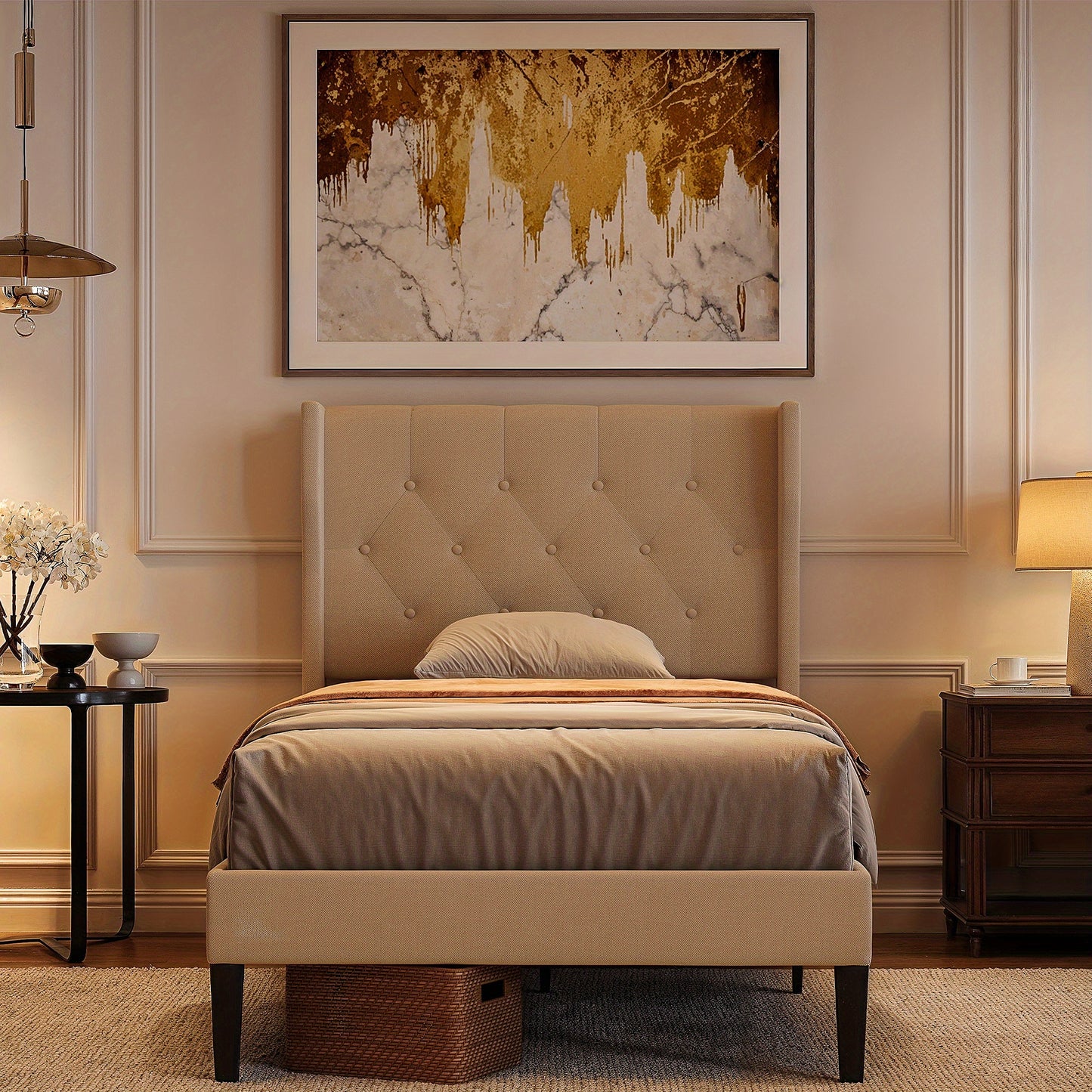 Gepolsterd Bedframe – Bedframe Met Bekleding – Gestoffeerd Bed – Slaapkamerbed – Houten Lattenbodem – Beige Kleur – 20 cm Opbergruimte – Makkelijk Te Monteren