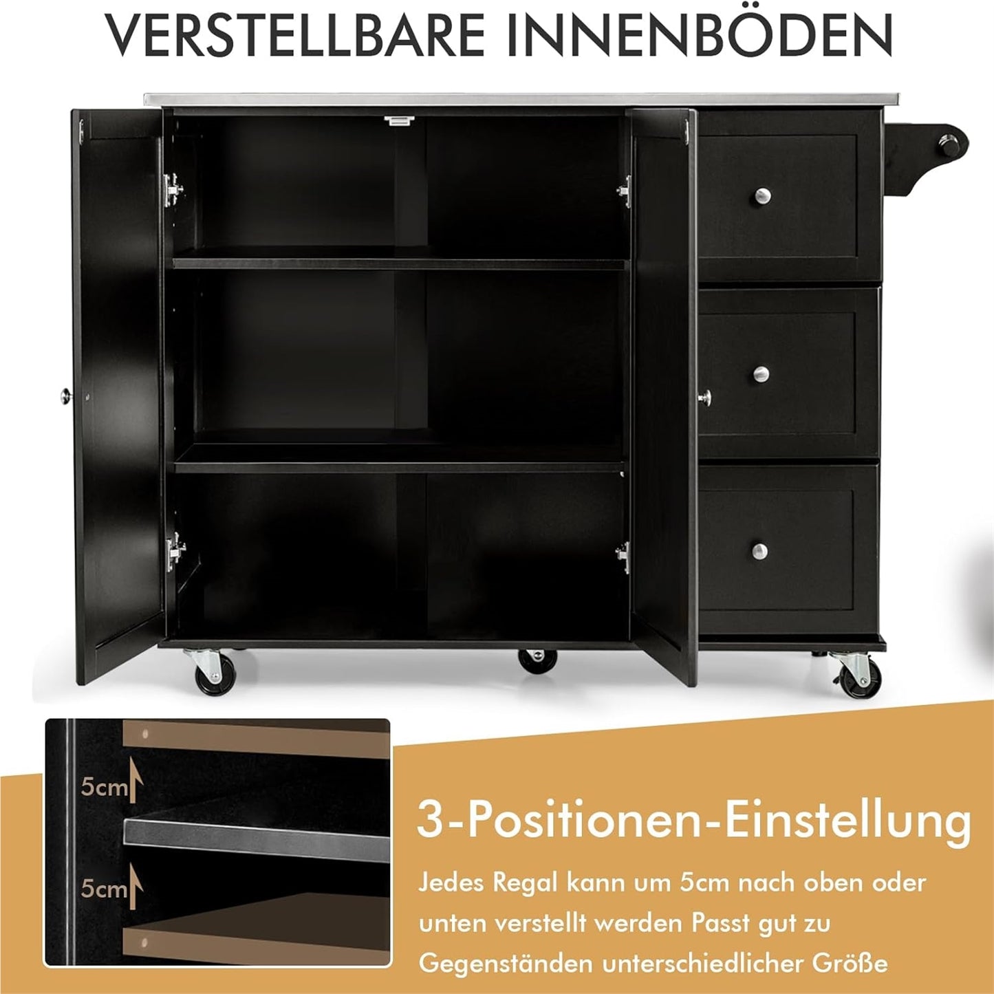Keukentrolley – Keukenwagen – Serveerwagen – Opbergtrolley – Keukenkast – Roestvrijstalen Werkblad – 3 Laden Met Verstelbare Planken & Handdoekhouder – Mobiel Met 5 Wieltjes