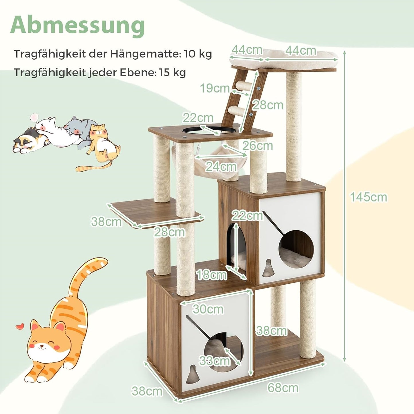 Kattenboom – Krabpaal – Klimpaal – Kattenhuis – Kattenmeubel – 145 cm Hoog – Duurzaam Sisal & Zacht Pluche