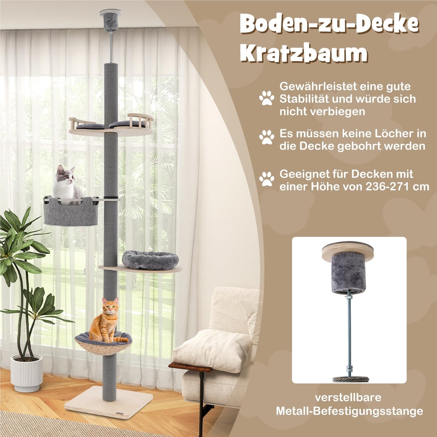 Krabpaal – Krabmeubel – Kattenpaal – Krabton – Klimpaal – Verstelbaar 236-271 cm – Vloer tot Plafond Design – 5 Niveaus Met Hangmat & Mandje – Natuurlijk Multiplex – Ruimtebesparend Grijs Natura