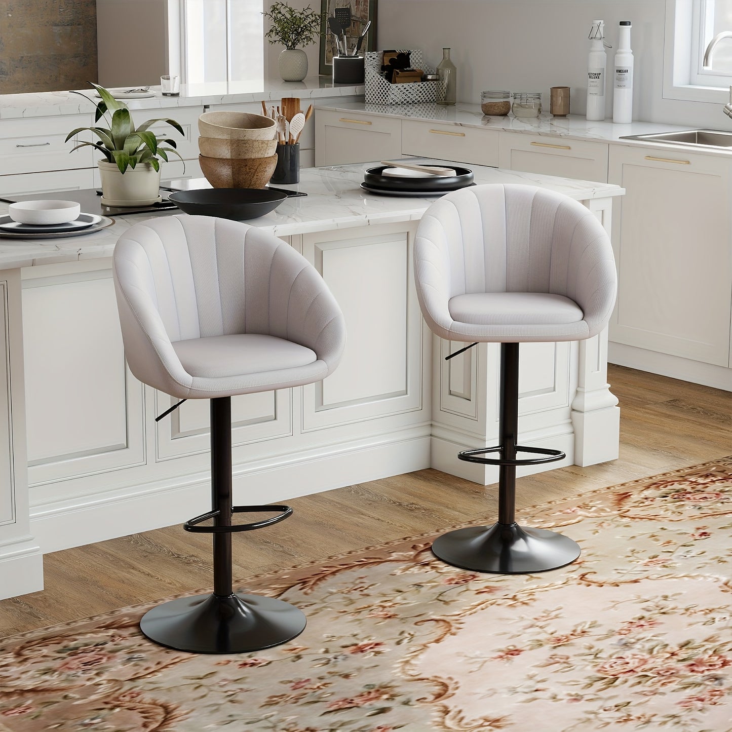 Receptiestoel – Wachtruimtestoel – Vergaderstoel – Eetkamerstoel – Bureaustoel – Hoogte Verstelbaar – Luxe Beige Linnen Bekleding – Met Ergonomische Rugleuning – Set van 2