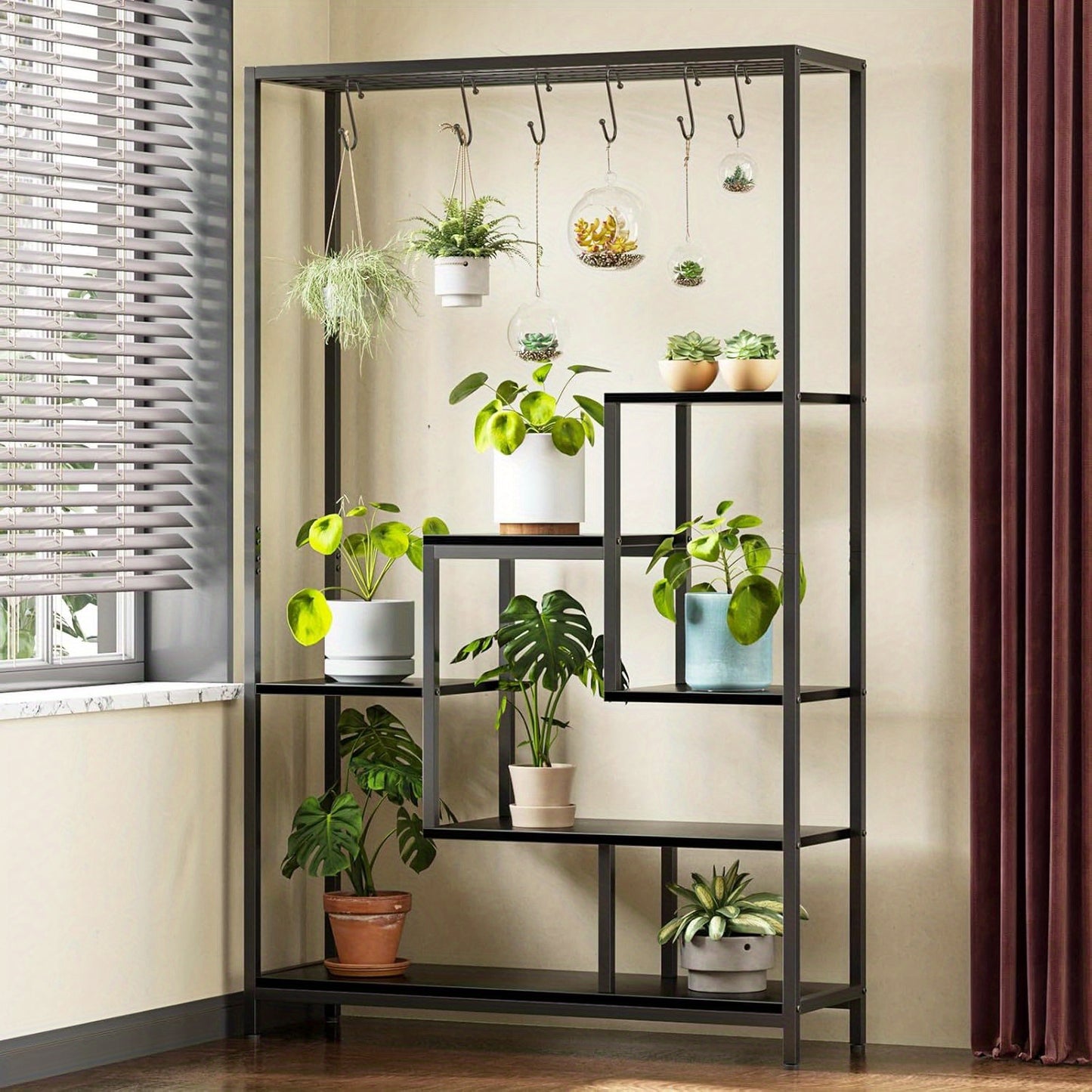 Plantenrek – Plantenstandaard – Bloemenrek – Plantenhouder – Groene Wand – 5-Lagen Met 6 Haakjes – Robuust Metalen Frame Met Houten Planken – 180 cm Hoog Met Stabiele Voet