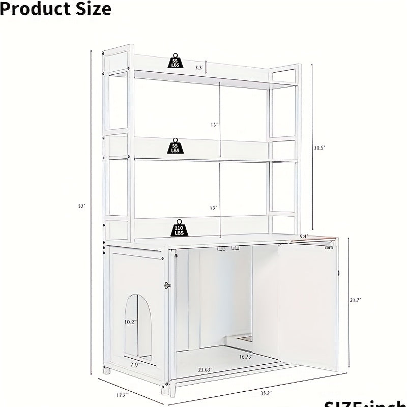 132.08cm Large Hidden Cat Litter Box Enclosure with 2 Doors - Wooden Cat House with Scratch Pad, Multi-Functional Storage Cabinet & Display Shelves, Space-Saving Indoor Cat Furniture for Climbing, Resting & Play, Modern Pet F