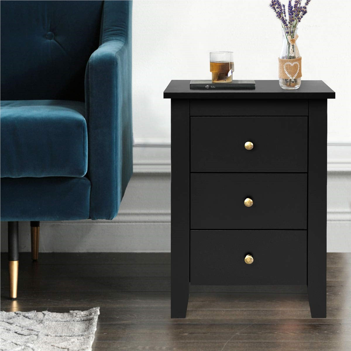 Nachtkastje – Bedside Table – Nachtkastjes – Opbergkastje – Bijzettafeltje – 2-Delige Set – 3 Lades – Mat Zwart – MDF & Multiplex – Compact 46x37x65 cm – Hoge Draagkracht 30 kg