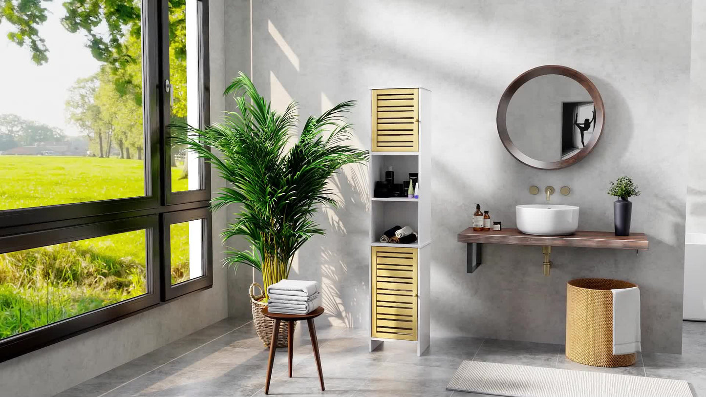 Badkamerkast – Kolomkast – Opbergkast – Toiletkast – Badmeubel – Wit tweekleurig design – Compact 35x30x170 cm – MDF en massief hout
