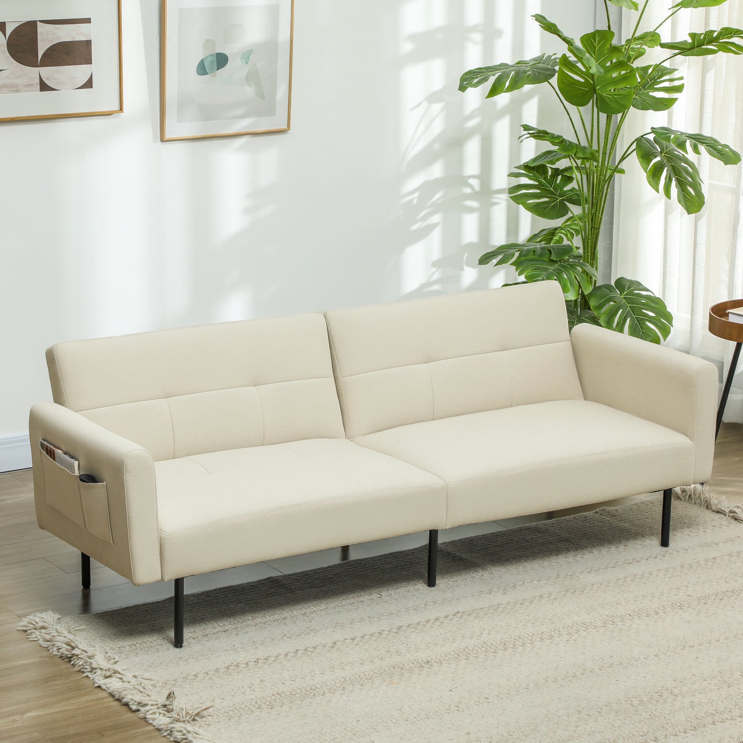 Bankbed – Slaapbank – Bedbank – Zetelbed – Logeerbed – 3-Zits – Verstelbare Rugleuning – Beige Linnenstof – Click-Clack Mechanisme – Zijvakjes