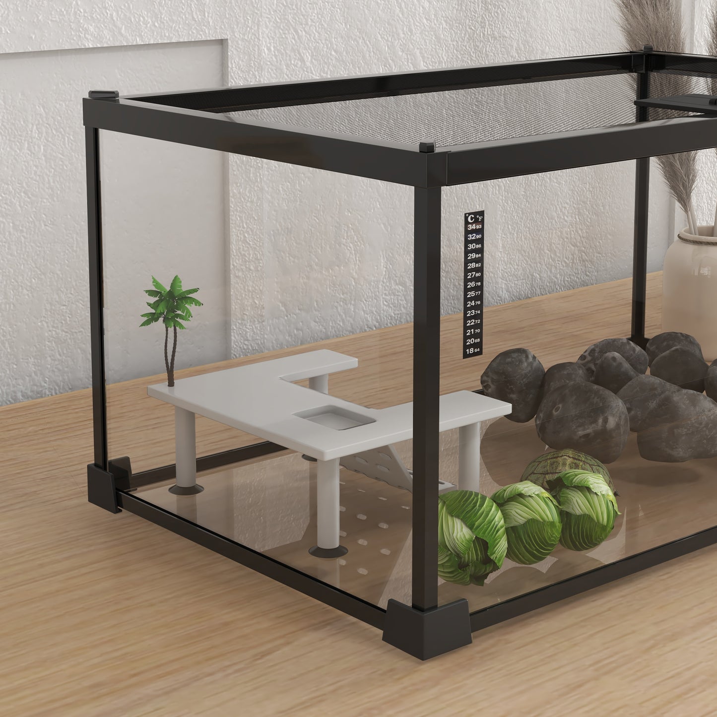 Terrarium voor schildpadden – Reptielenbak – Vivarium – Terrariumkast – Reptielenhuis – Met Sluitbaar Metalen Gaasdeksel – Gemaakt van Glas en Metaal – Inclusief Platform met Oprit en Thermometer – Afmetingen 50x30x25 cm