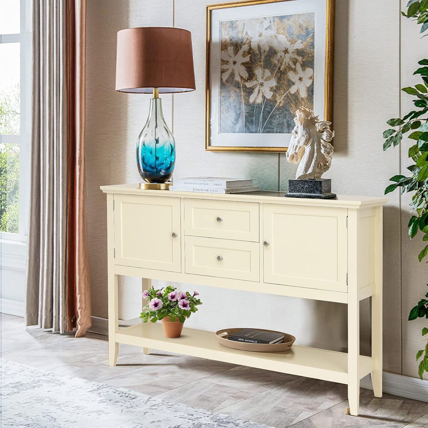Opbergkast – Dressoir – Buffetkast – Sidetable – Kast – Hout – Grijs – 2 Lades – Stevig MDF Met Dennenhouten Poten